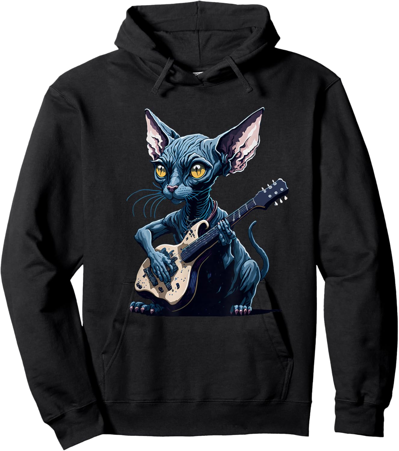 Hairless Sphynx Cat playing guitar Women Girls Kids Hoodie - Hoodie | Black