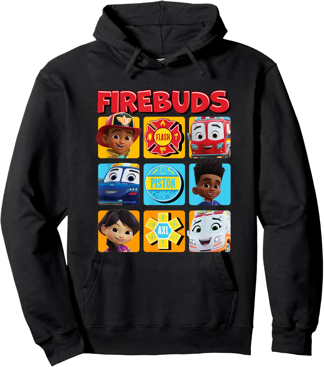 Disney Firebuds Happy Main Characters Panels Big Chest Logo Hoodie - Hoodie | Black