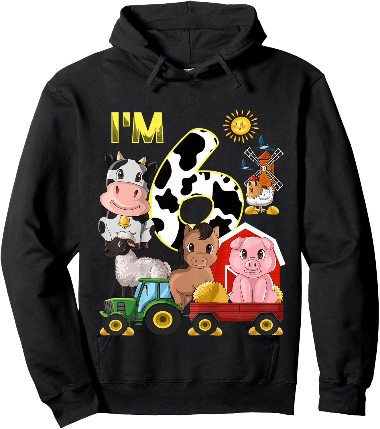 Kids Farm Animals Tractor 6th Birthday 6 Year Old Birthday Party Hoodie - Hoodie | Black