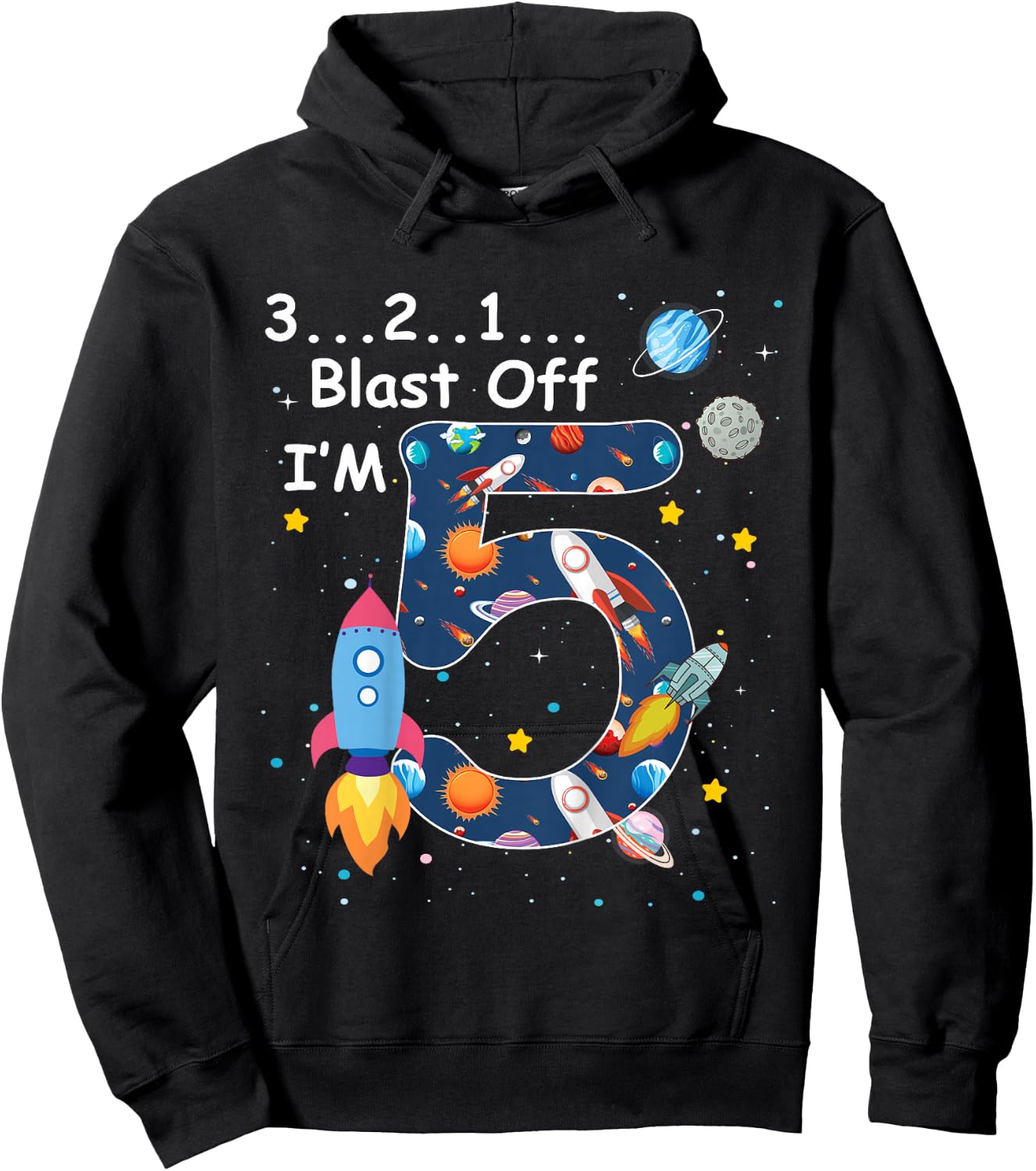 Kids Outer Space Blast Off 5 Year Old 5th Birthday Boys Girls Hoodie - Hoodie | Black