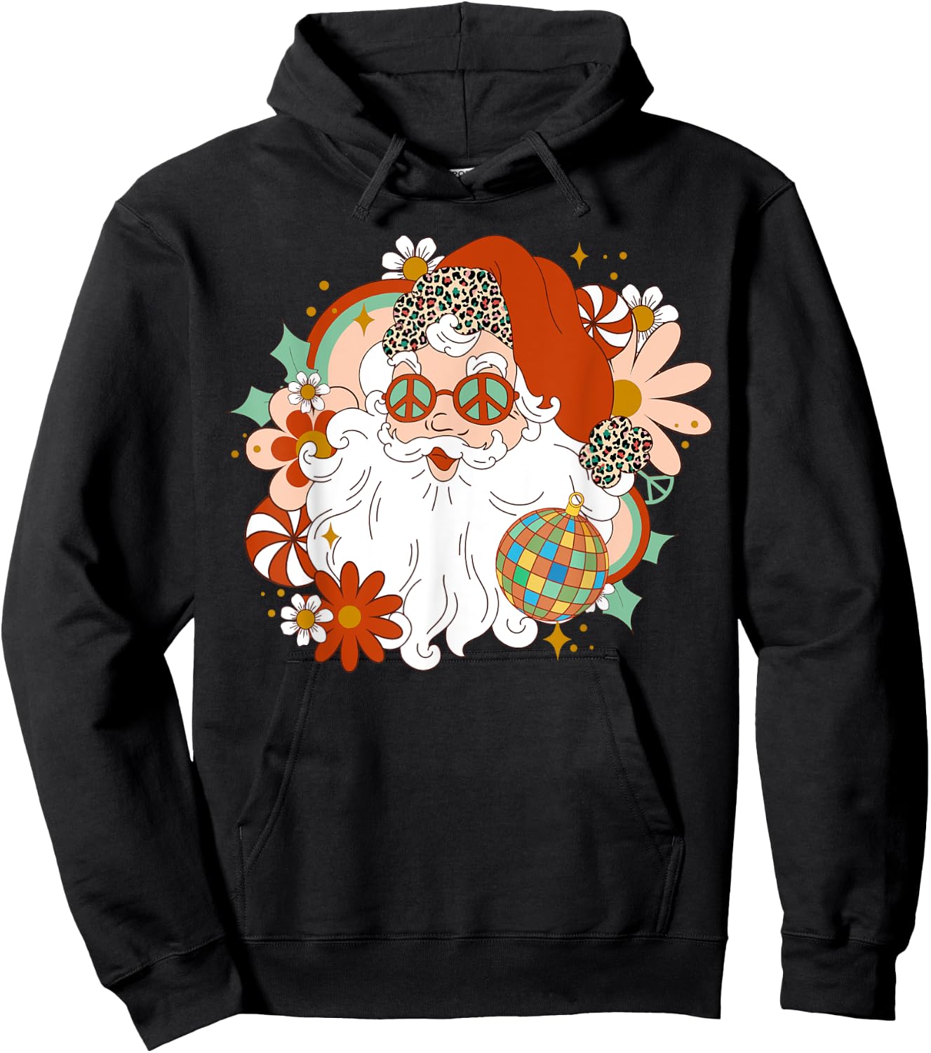 Hippie Santa Claus Floral Peace Sign Xmas Retro Christmas Hoodie - Hoodie | Black