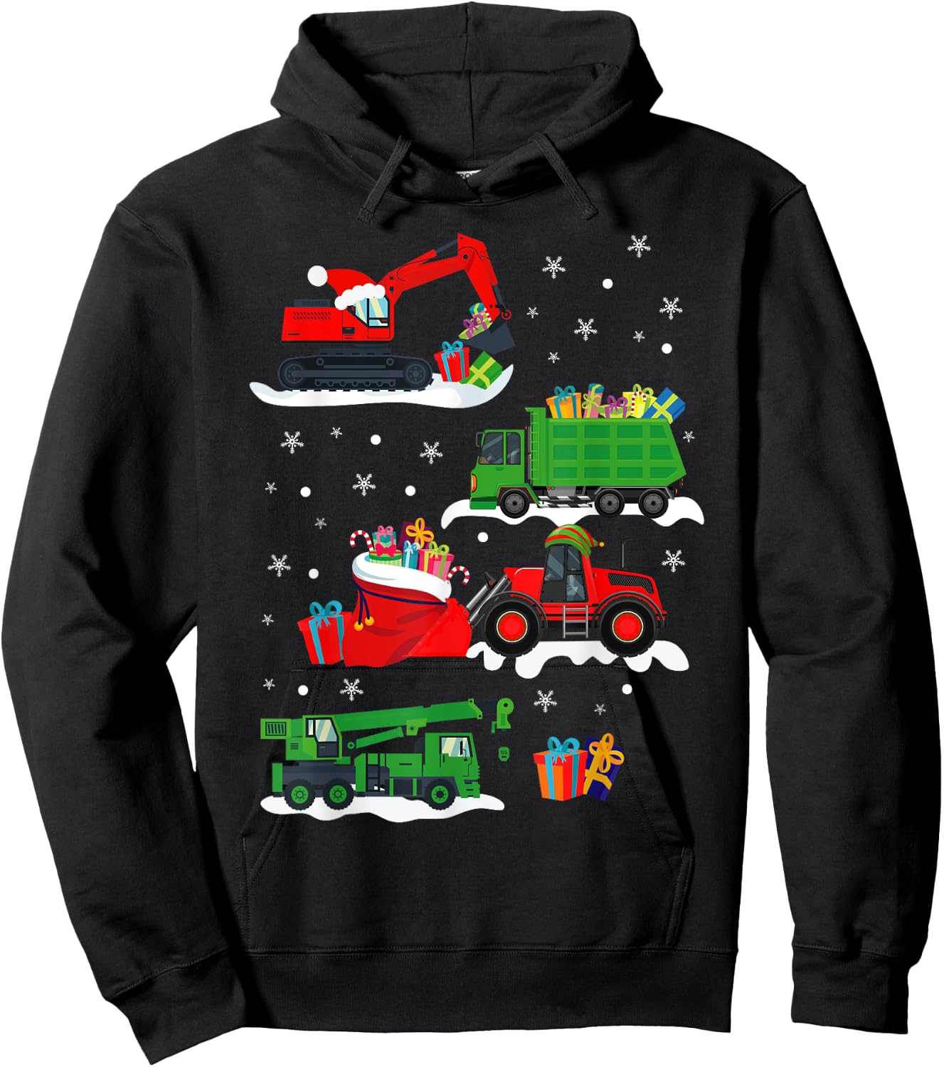 Construction Vehicle Christmas Red Trucks Winter Boys Kids Hoodie - Hoodie | Black