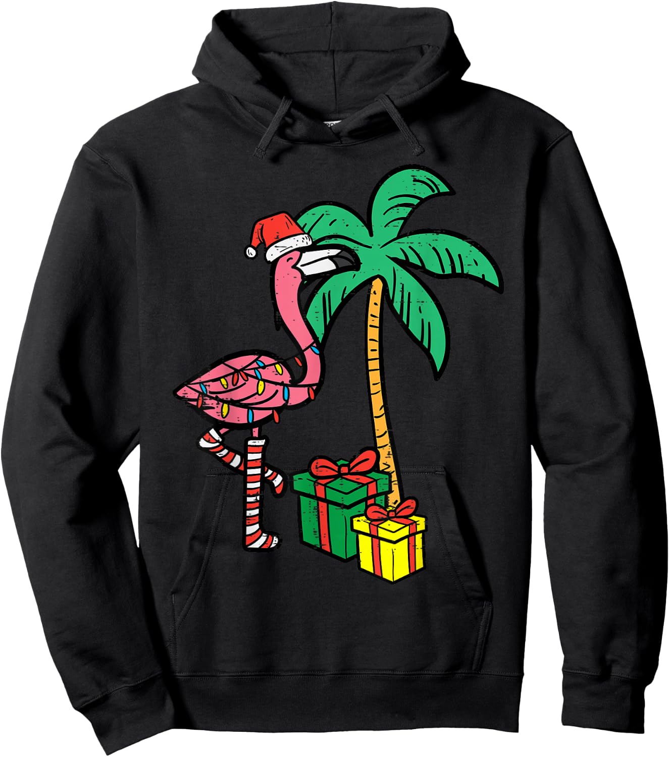 Christmas Flamingo Palm Tree Funny Xmas Beach Men Women Kids Hoodie - Hoodie | Black
