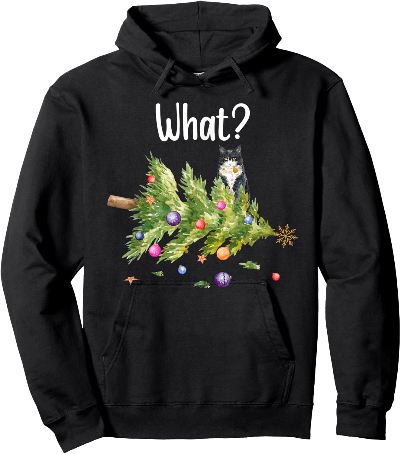 Funny Cat What Holiday Tree Christmas Men Women Kids Hoodie - Hoodie | Black