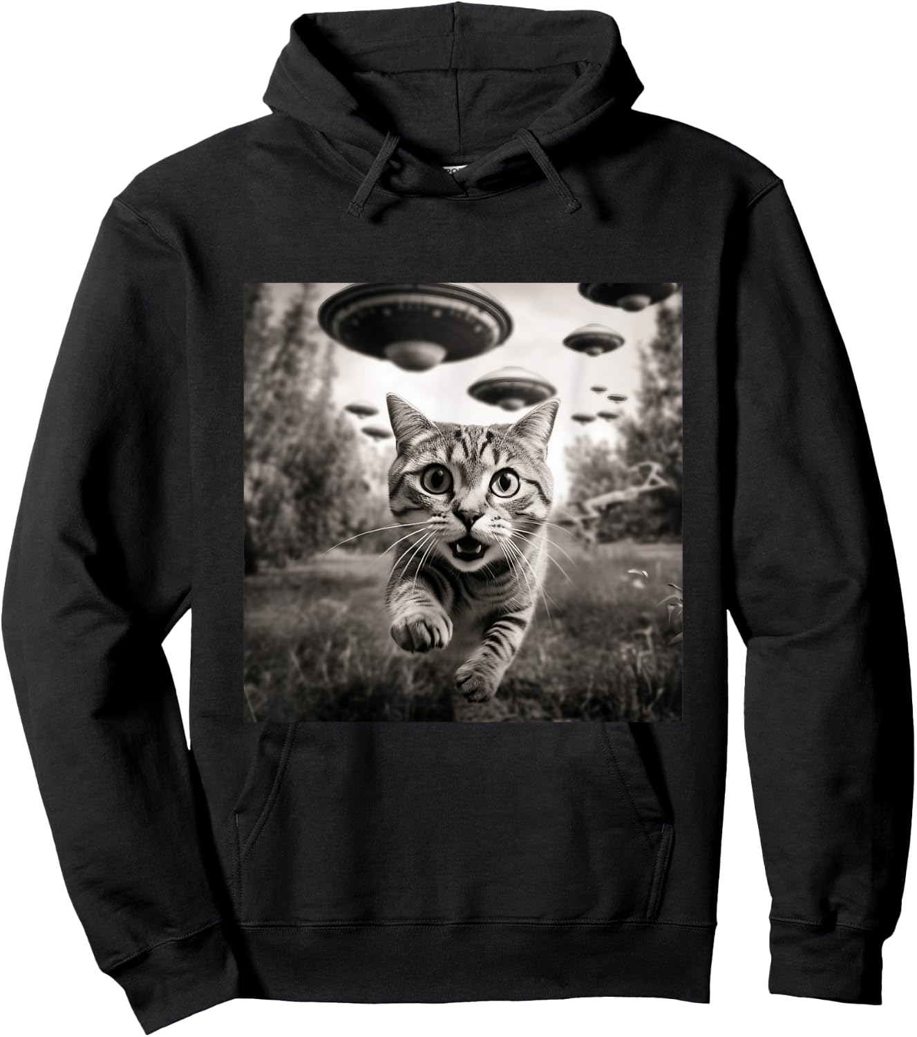 Funny Cat Running From Aliens Flying Saucer Spaceship Selfie Hoodie - Hoodie | Black