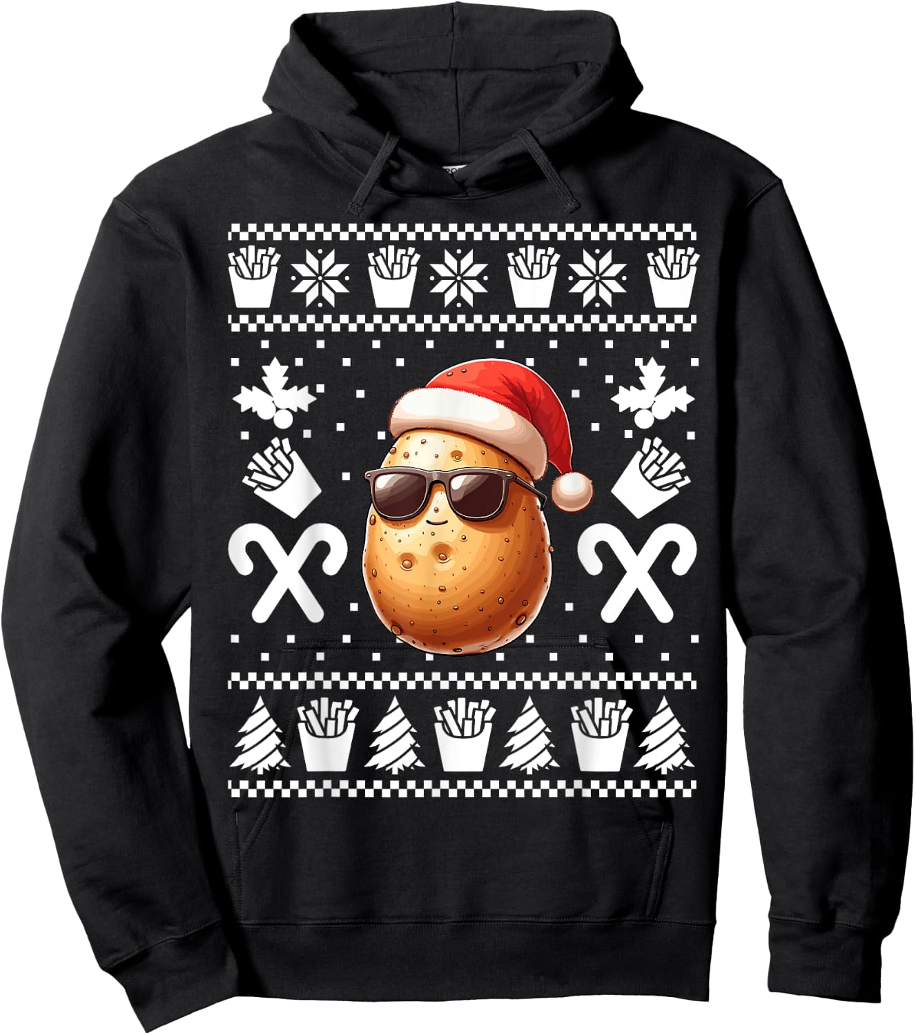 Funny Potato Christmas French Fries Pattern Xmas Season Hoodie - Hoodie | Black
