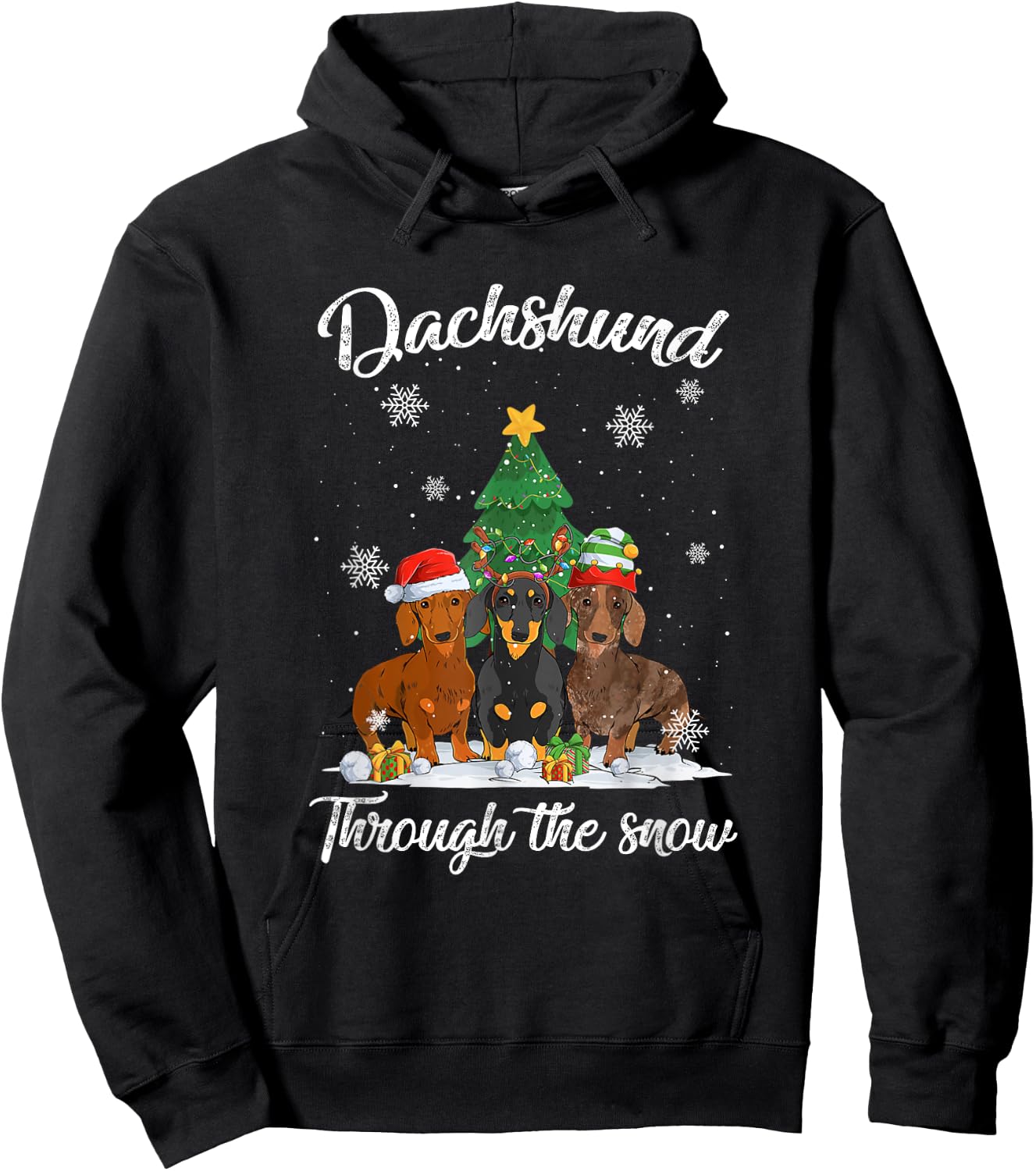 Merry Christmas Dachshund Dog Through The Snow Men Women Kids Hoodie - Hoodie | Black