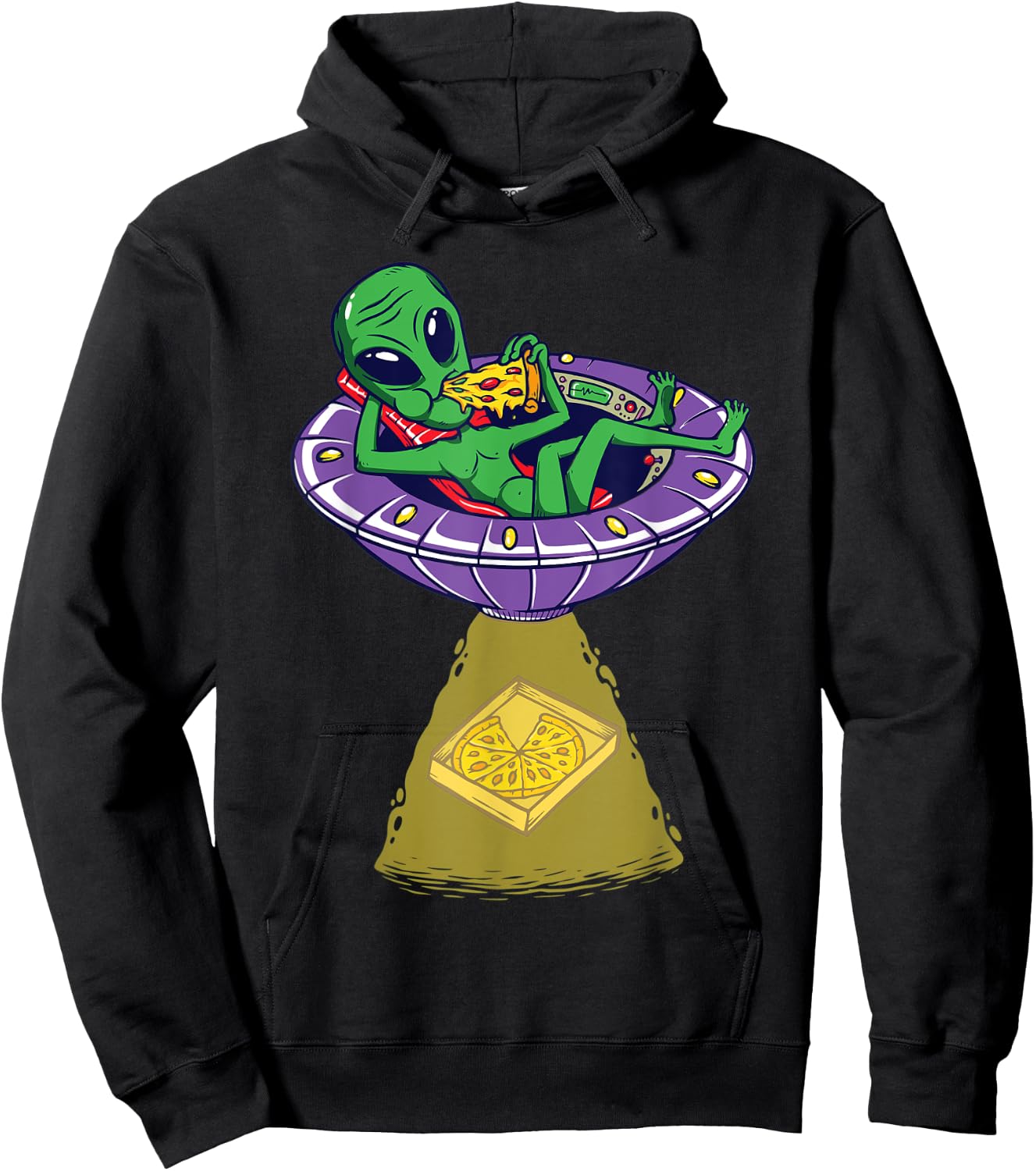 Relaxed Alien Enjoy Eating And Abducting Pizza In UFO Hoodie - Hoodie | Black