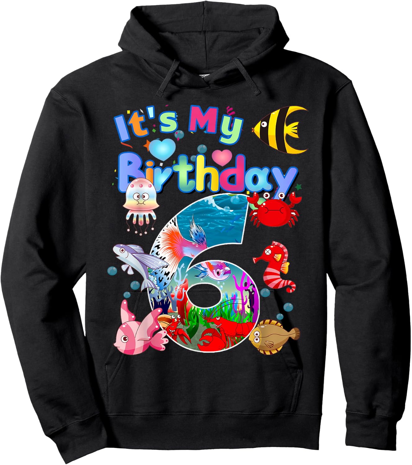6nd Birthday Party 6 Year Old Sea Fish Aquarium Birthday Boy Hoodie - Hoodie | Black