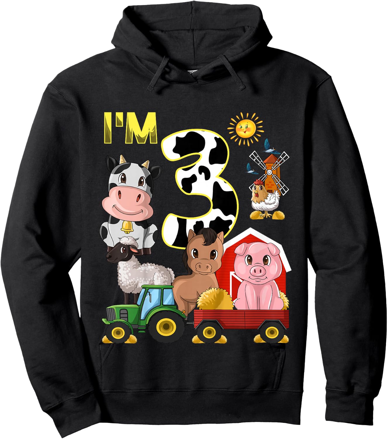 Farm Animals Tractor 3rd Birthday 3 Year Old Birthday Party Hoodie - Hoodie | Black