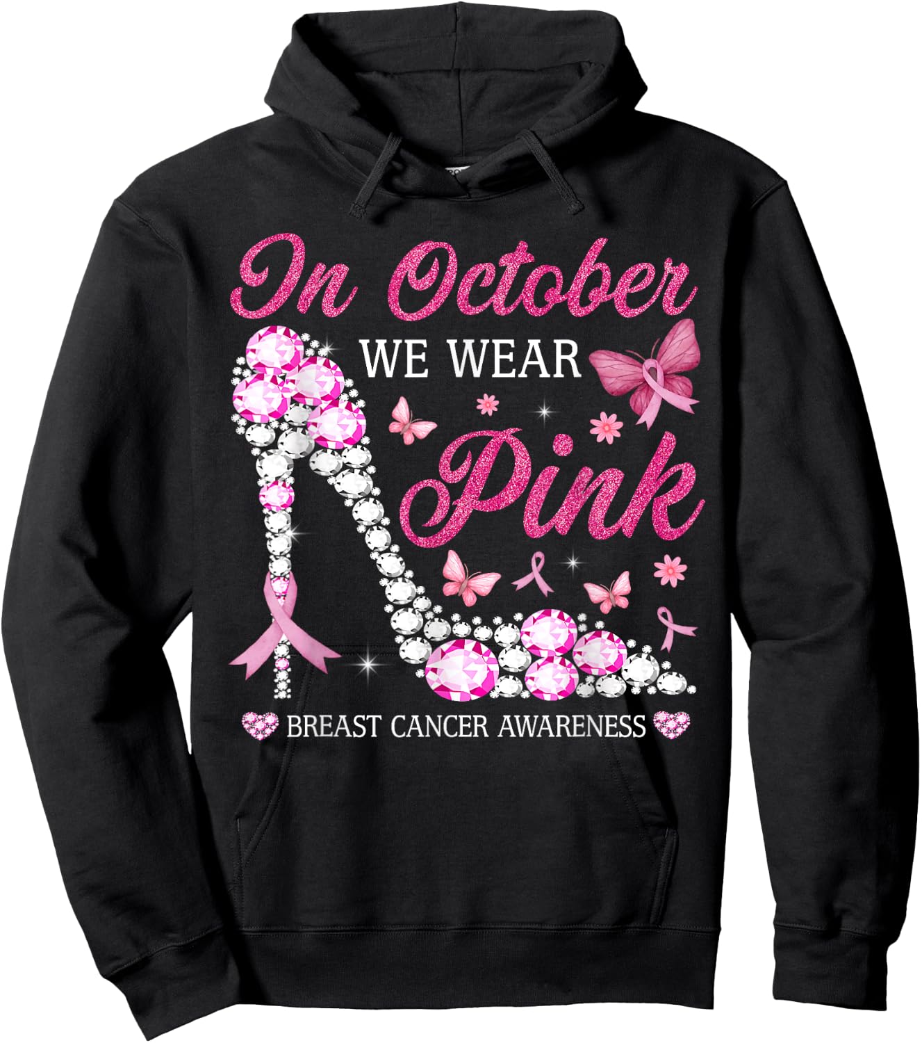 In October We Wear Pink Ribbon High Heel Breast Cancer Women Hoodie - Hoodie | Black
