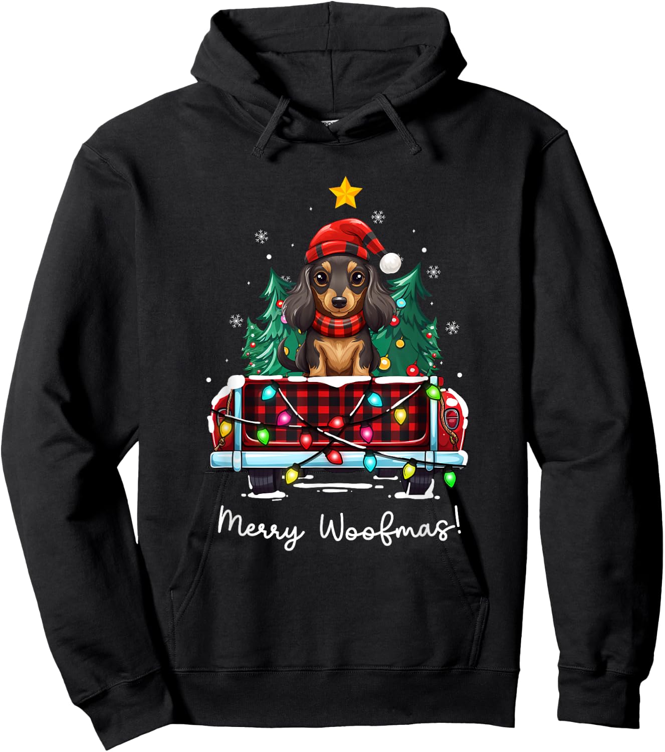 Long Haired Dachshund Christmas Dog Truck Plaid Funny Xmas Men Women Kids Hoodie - Hoodie | Black
