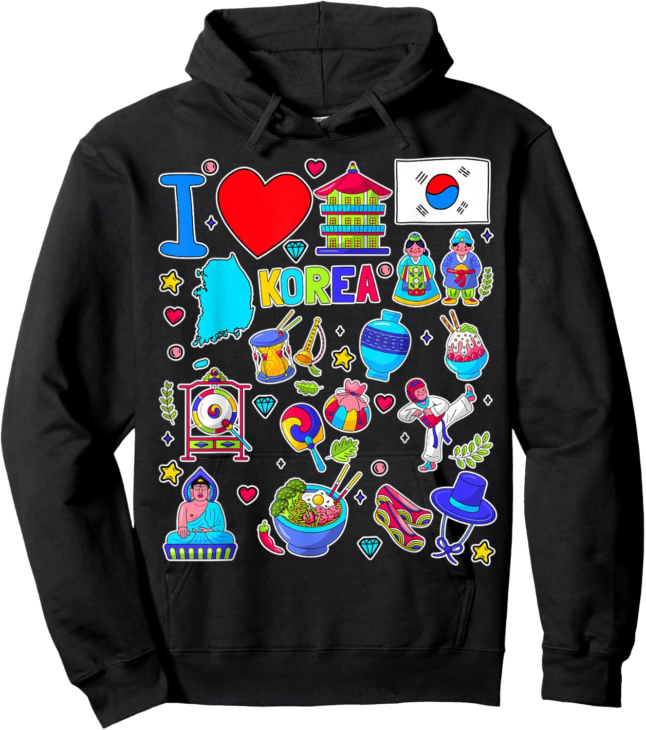 Korean hand drawn landmarks, South Korea map, Culture icons Hoodie - Hoodie | Black