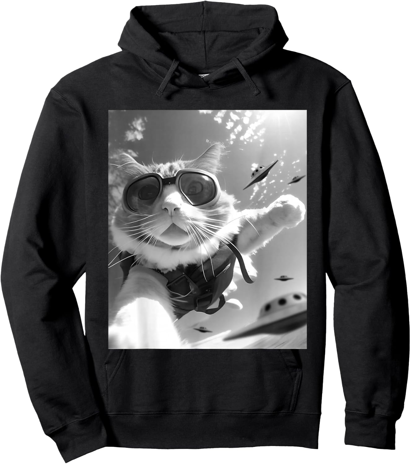 Funny Skydiving Cat Selfie with Alien UFOs Hoodie - Hoodie | Black