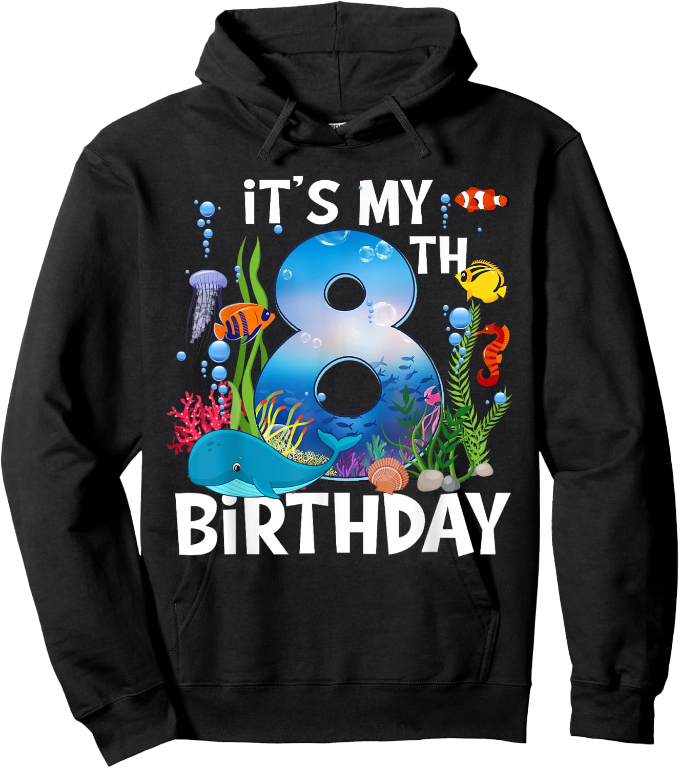 Kids 8 Year Old Ocean Life Whale Dolphin Shark 8th Birthday Hoodie - Hoodie | Black