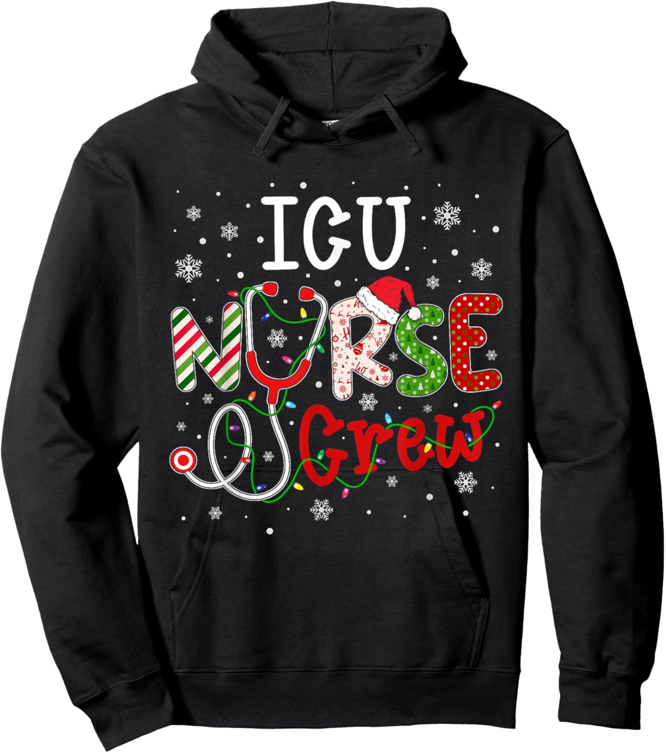 ICU Christmas Nurse Crew Funny Nursing Christmas Pattern Hoodie - Hoodie | Black