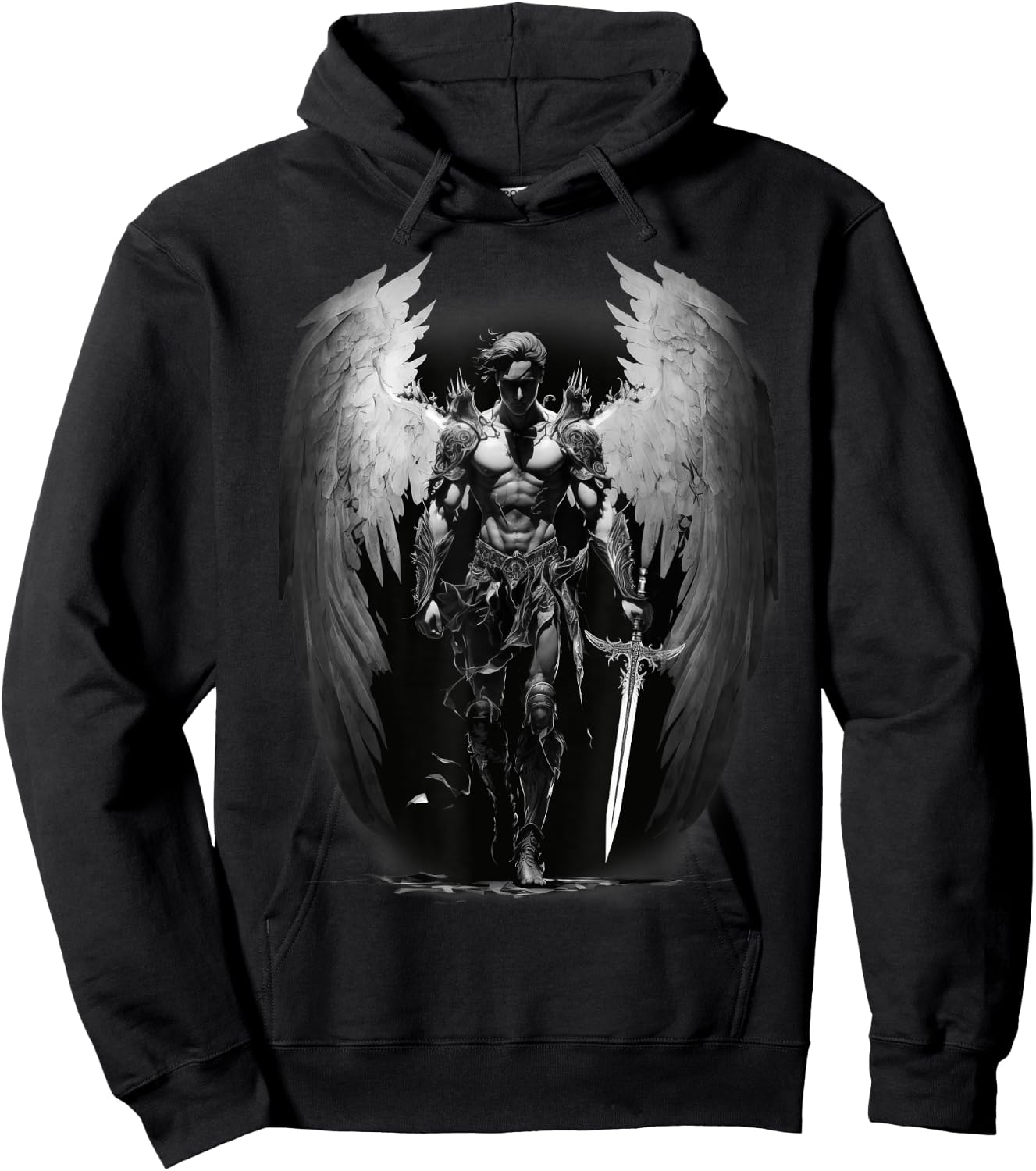 Angel Archangel with Sword, Wings in B&W Walking to Fight. Hoodie - Hoodie | Black