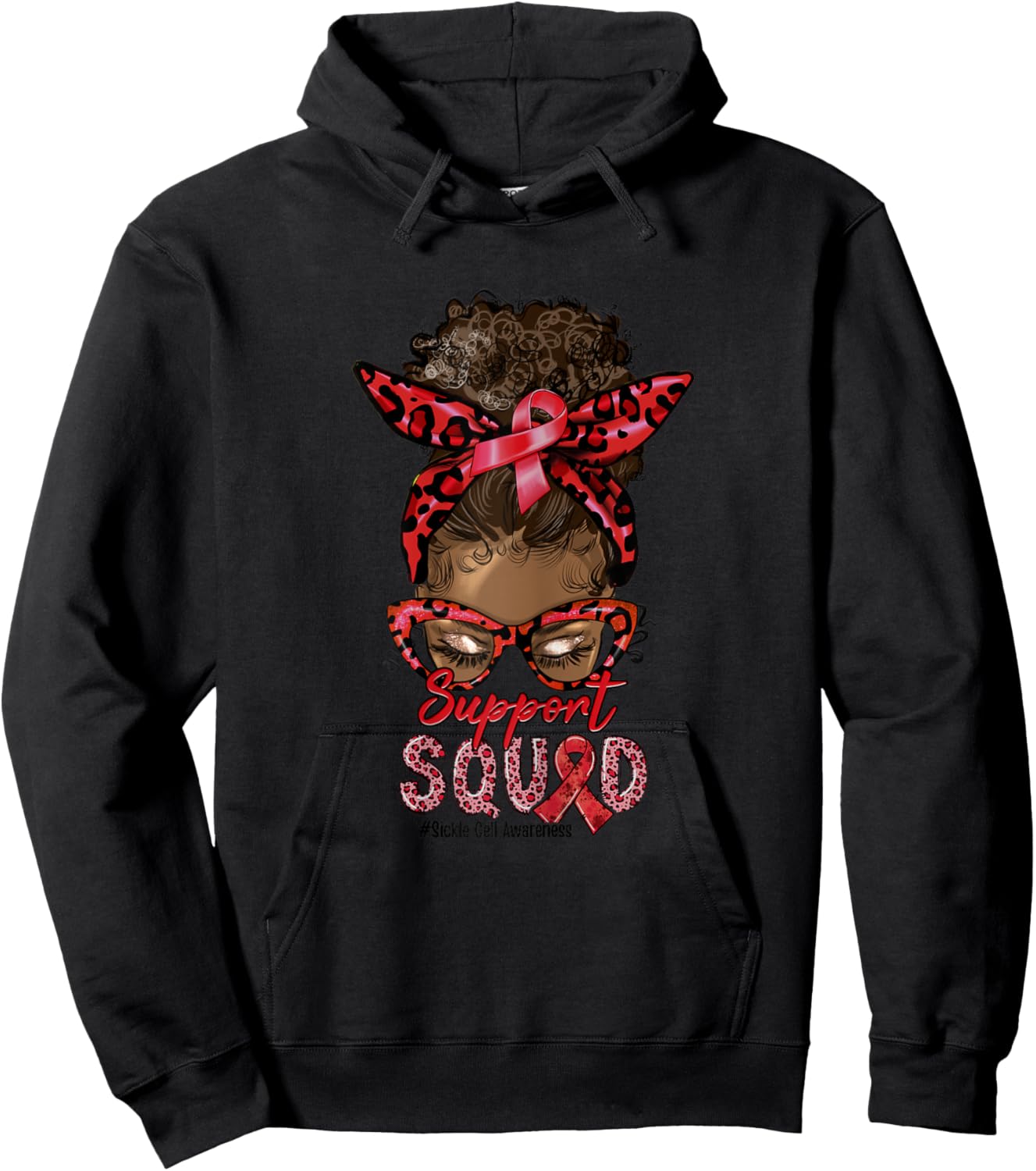 Support Squad Afro Messy Bun Leopard Sickle Cell Awareness Hoodie - Hoodie | Black