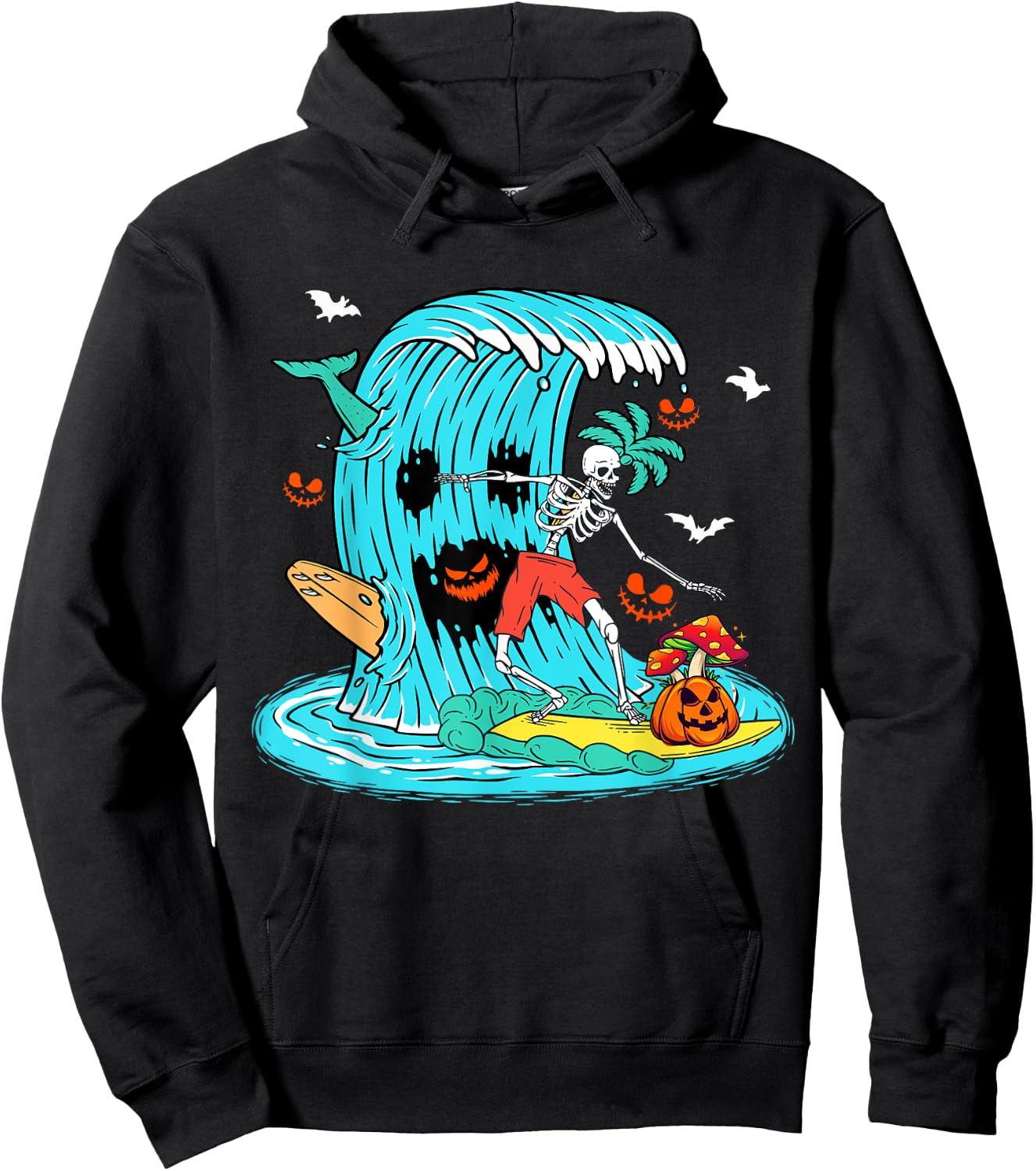 Skeleton Surfing Hawaiian Halloween Surfer Horror Pumpkin Hoodie - Hoodie | Black