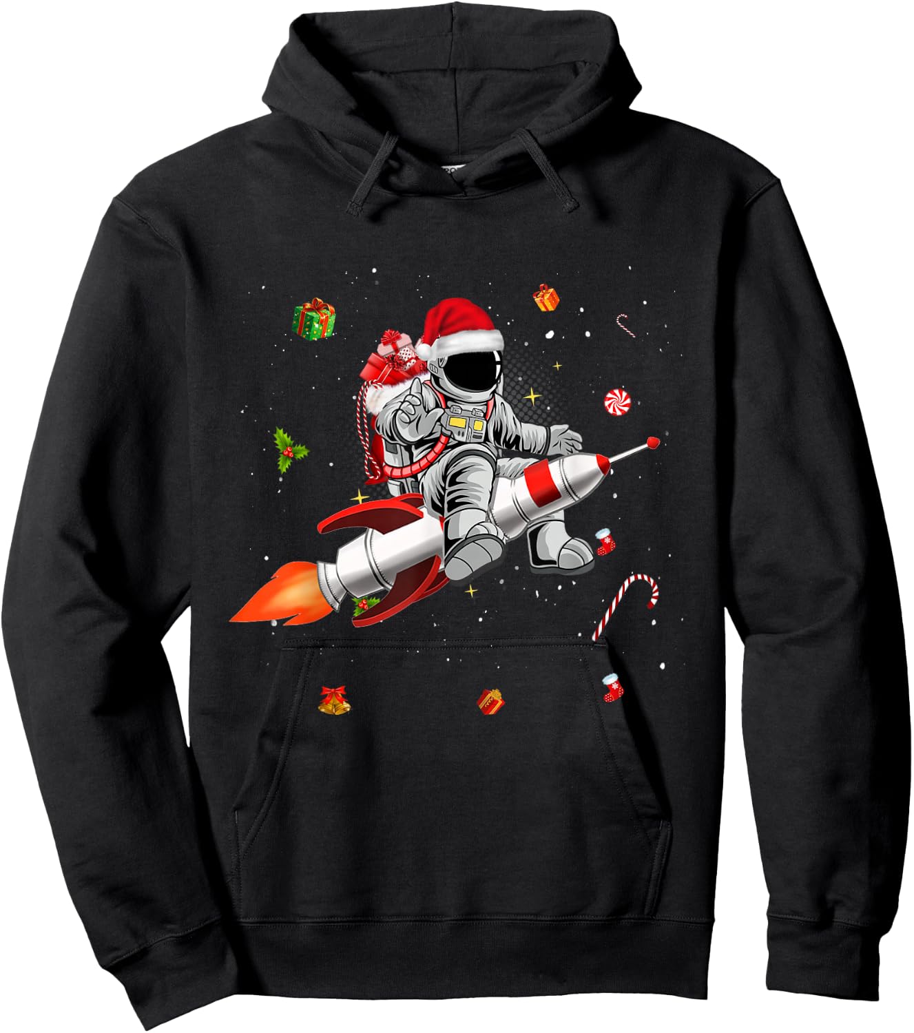 Astronaut Santa Riding Rocket Ship Planets Space Moon Galaxy Hoodie - Hoodie | Black
