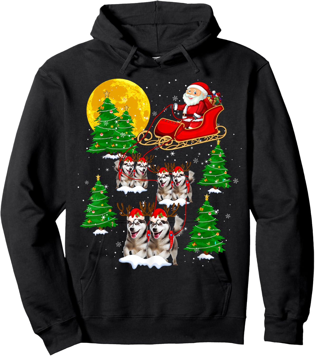 Cute Reindeer Husky Dogs Pulling Santa Sled Christmas Pajama Hoodie - Hoodie | Black