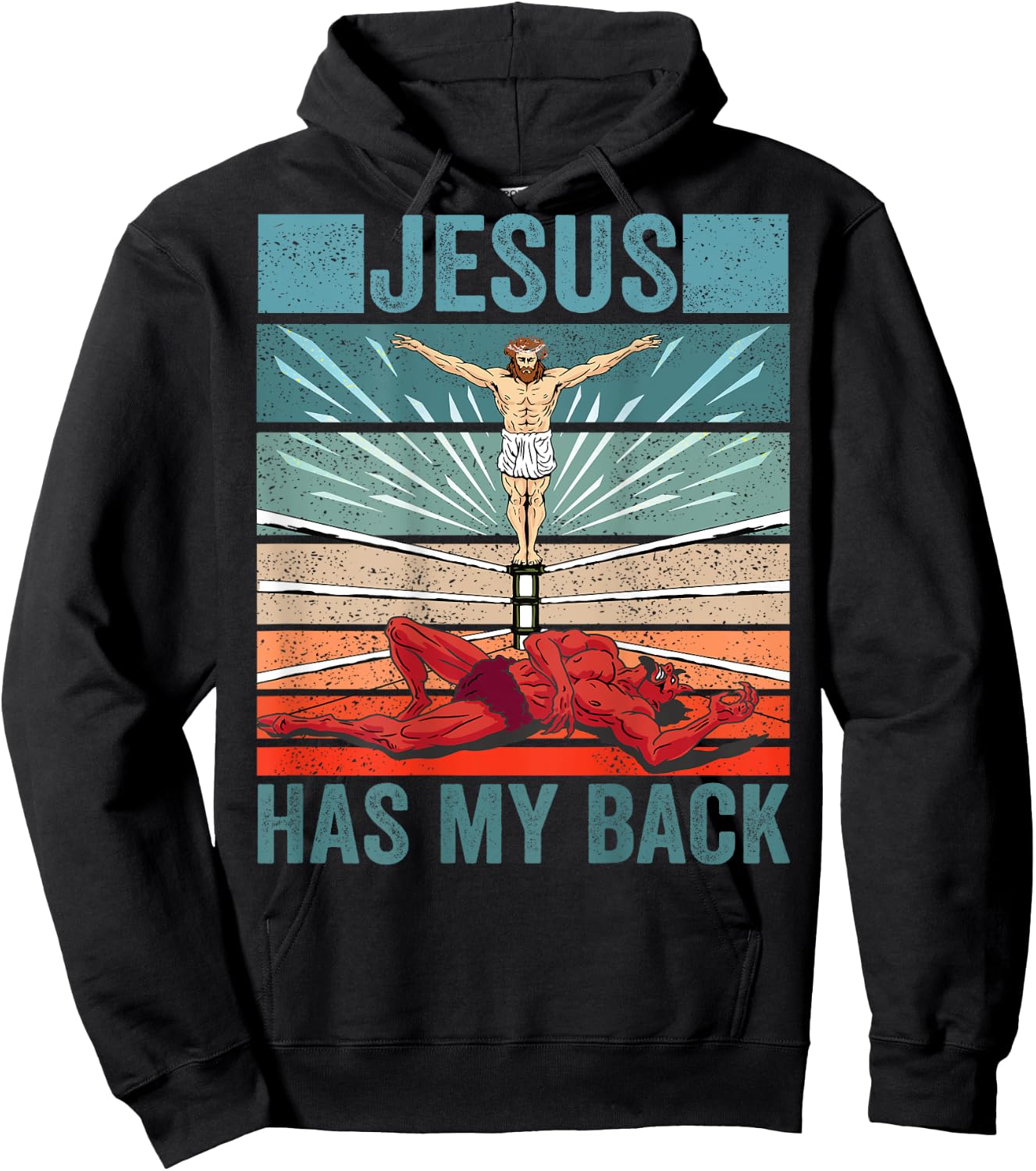 Wrestler Costume Devil Jesus Has My BACK PRINT Christian Hoodie - Hoodie | Black