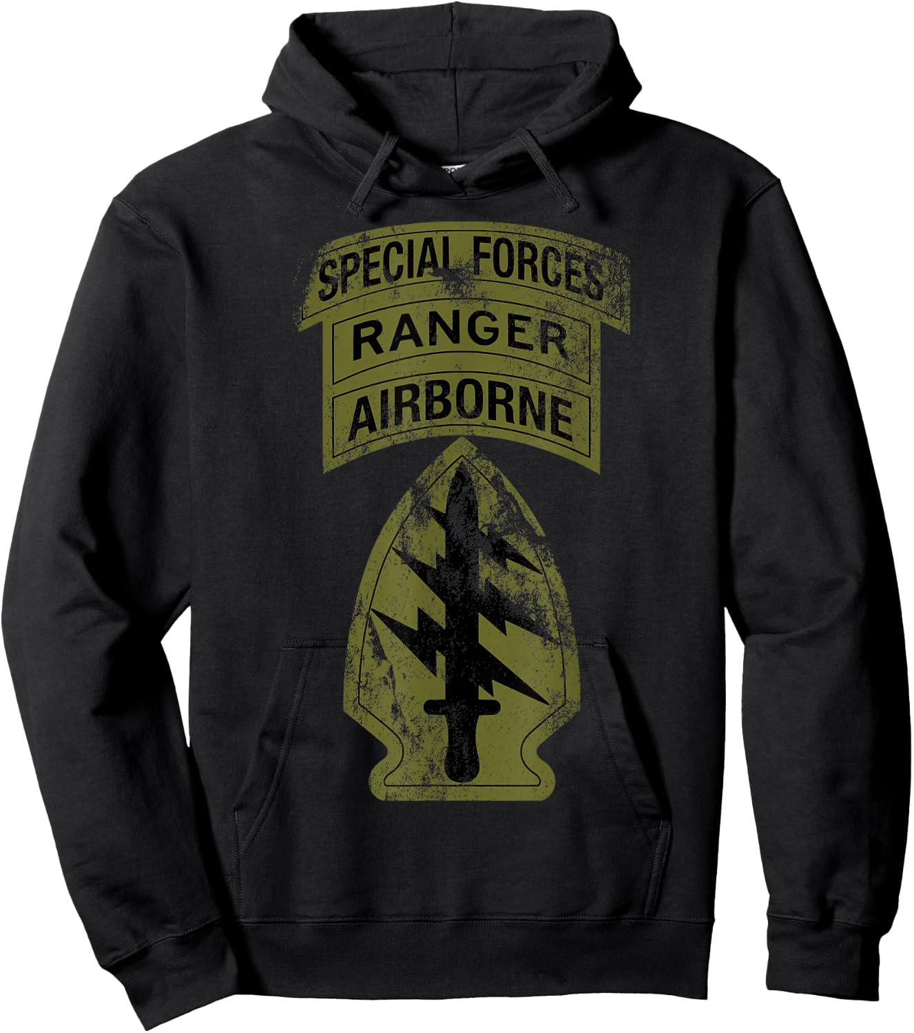 US Army Special Forces - SF Ranger Tab - OD Green Vintage Hoodie - Hoodie | Black