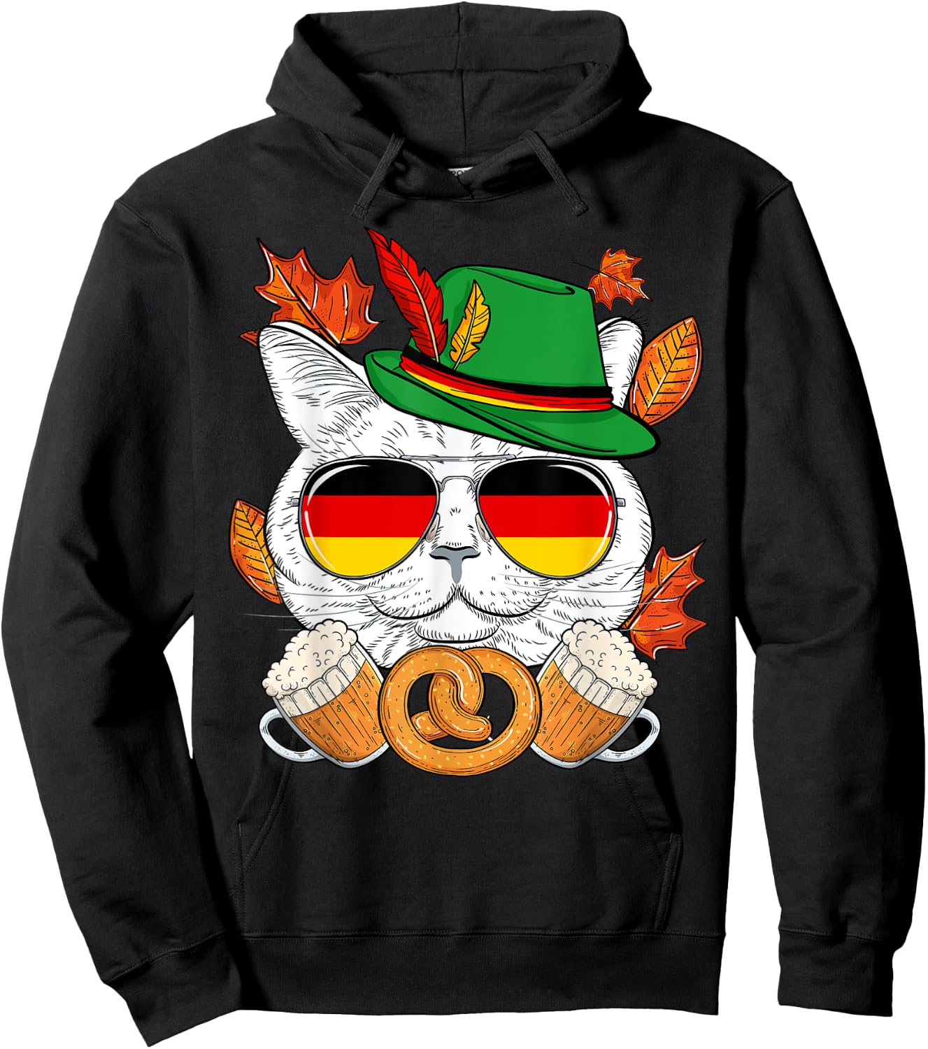 Funny Lederhosen Cat & Sunglasses Germany Flag Oktoberfest Hoodie - Hoodie | Black