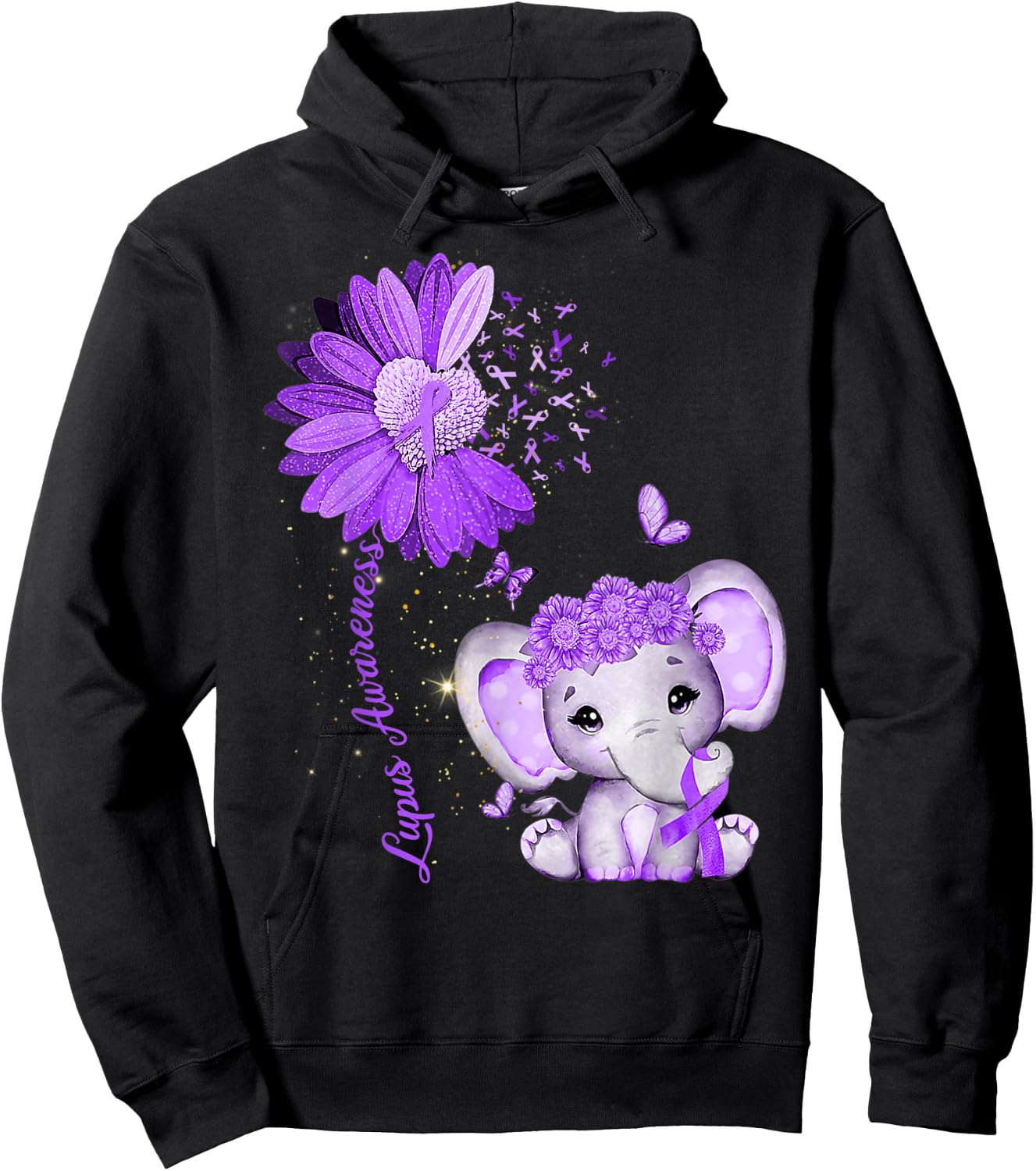 Lupus Awareness Sunflower Purple Ribbon Elephant Hoodie - Hoodie | Black