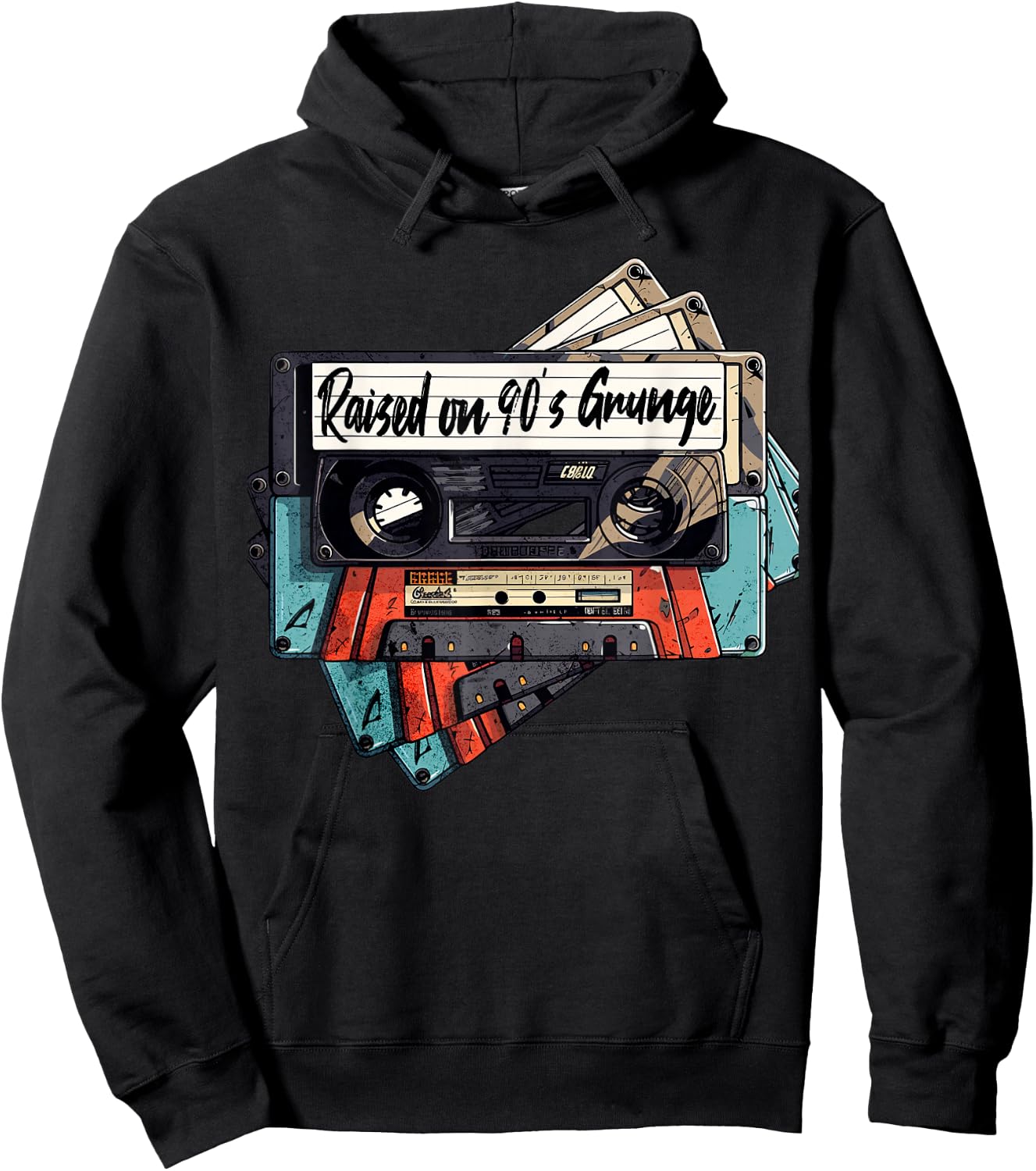 Raised On 90's Music Grunge Rock Cassette Tape Design Hoodie - Hoodie | Black