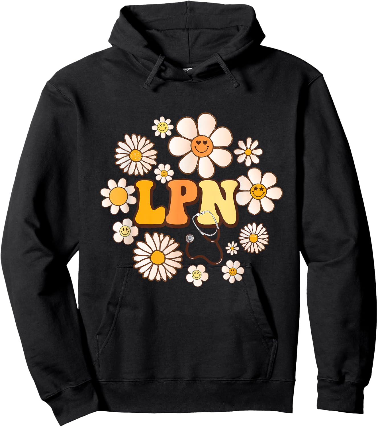 Retro groovy smile face Flowers LPN Licensed Practical Nurse Hoodie - Hoodie | Black