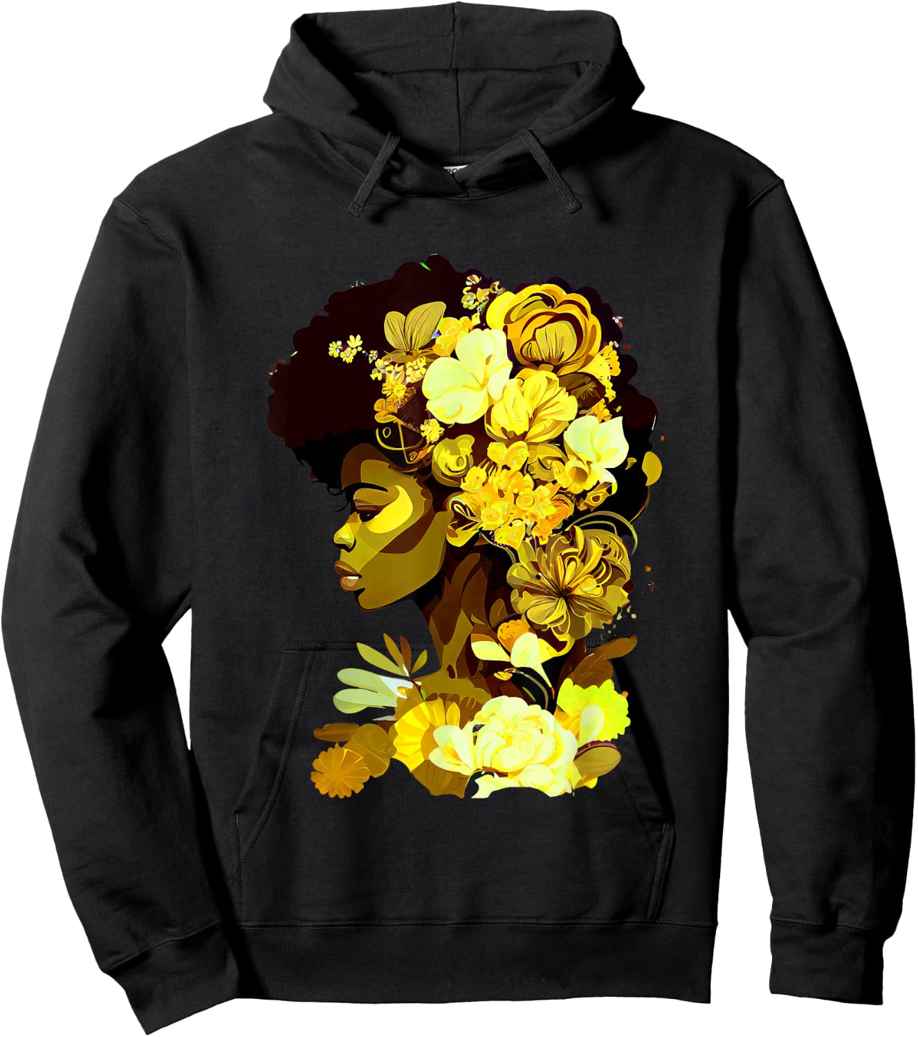 Beautiful Black Woman Afro Queen African Art Yellow Flowers Hoodie - Hoodie | Black