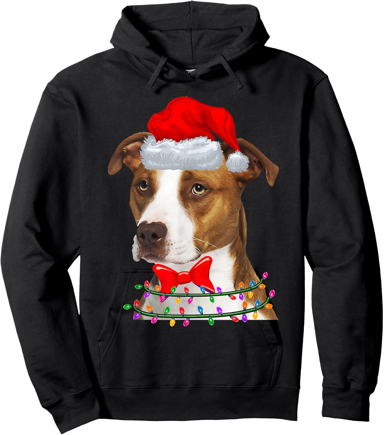 Christmas Lights Pitbull Wearing Xmas Hat - Cute Dog Lover Hoodie - Hoodie | Black