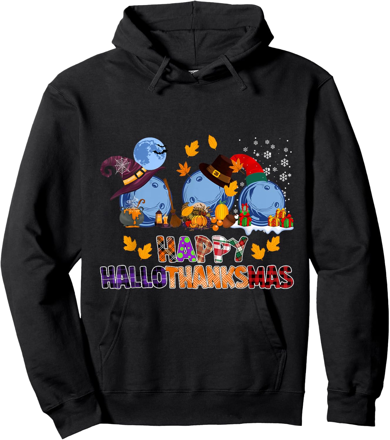 Cute Hallothanksmas Bowling Halloween Thanksgiving Christmas Hoodie - Hoodie | Black
