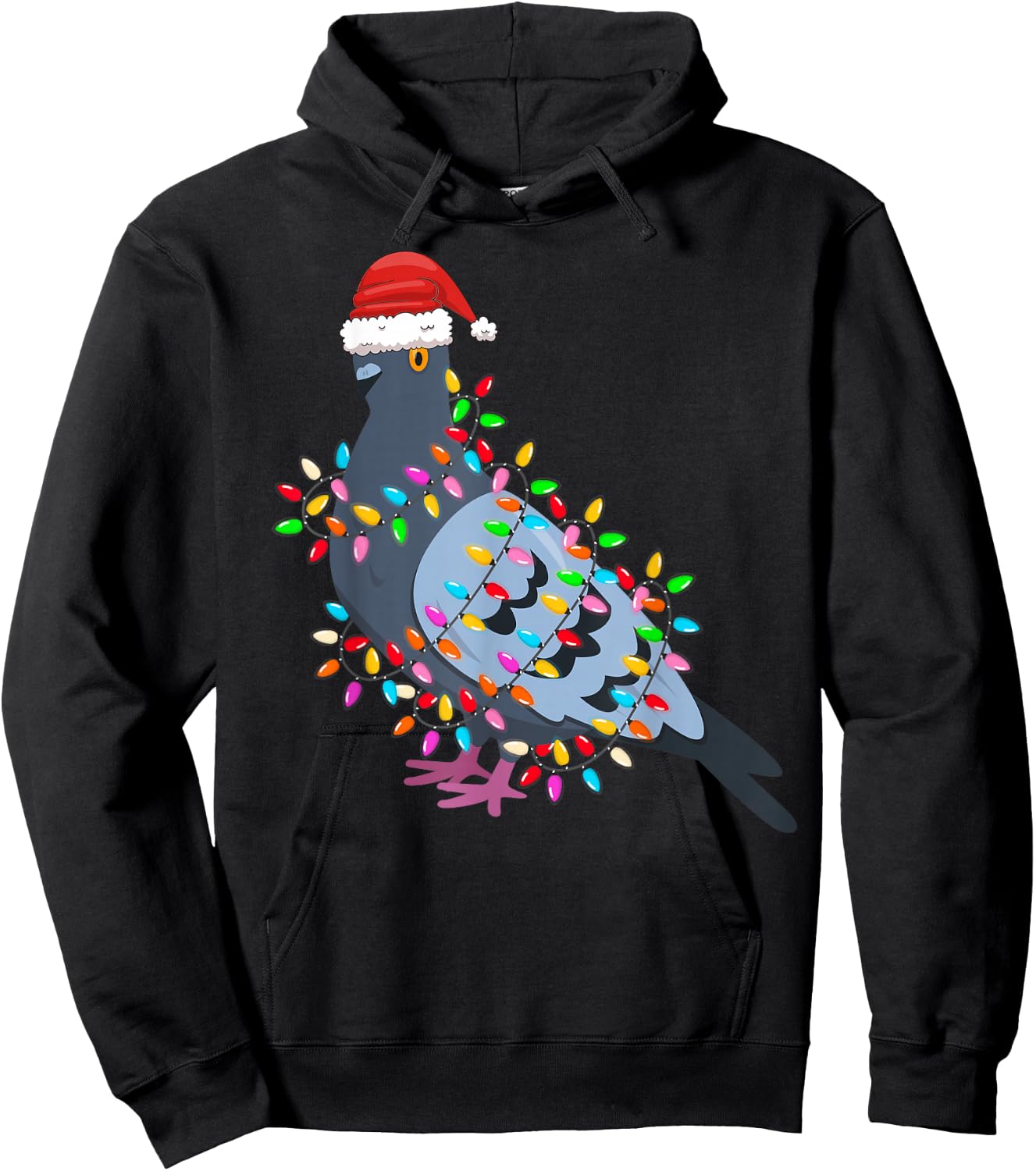 Christmas Lights Pigeon Wearing Xmas Hat - Pigeon Lover Hoodie - Hoodie | Black