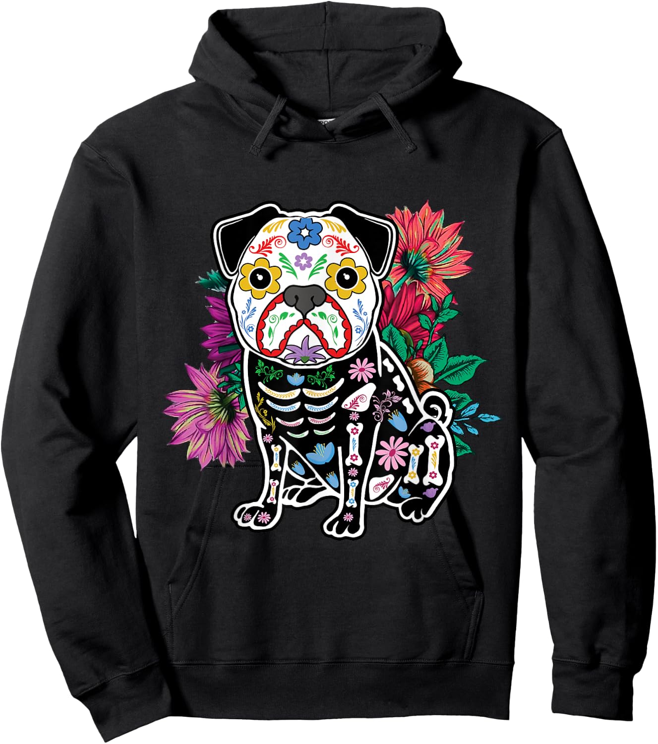 Floral Pug Dog Lover Souls Day Of Dead Dia De Los Muertos Hoodie - Hoodie | Black