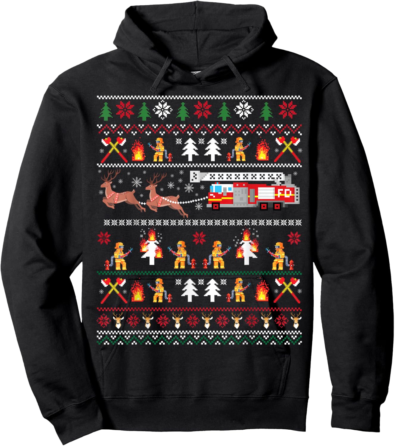 Firefighter Ugly Christmas Sweater, Fireman Fire Firefighter Hoodie - Hoodie | Black