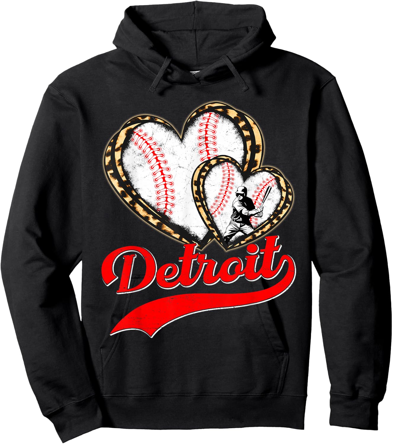 Vintage Detroit Baseball Leopard Heart Baseball Fans Hoodie - Hoodie | Black