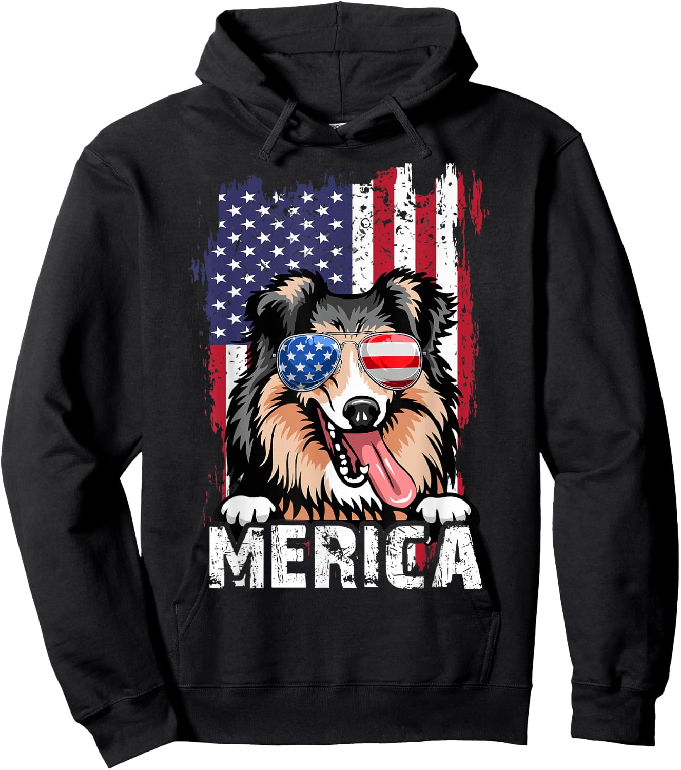 Merica 4th of July Shetland Sheepdog US Flag Sheltie Mom Dad Hoodie - Hoodie | Black