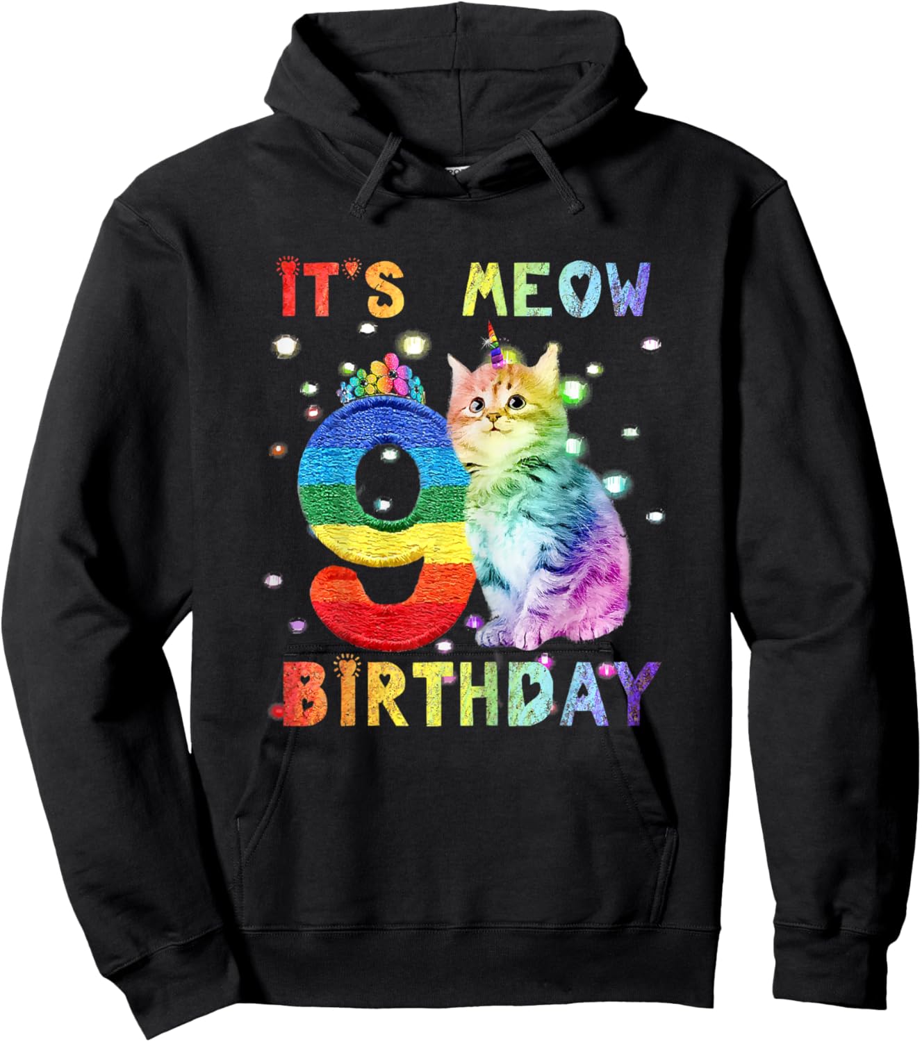 Cute 9th Birthday Cat Unicorn 9 Years Old Rainbow Girl Teens Hoodie - Hoodie | Black