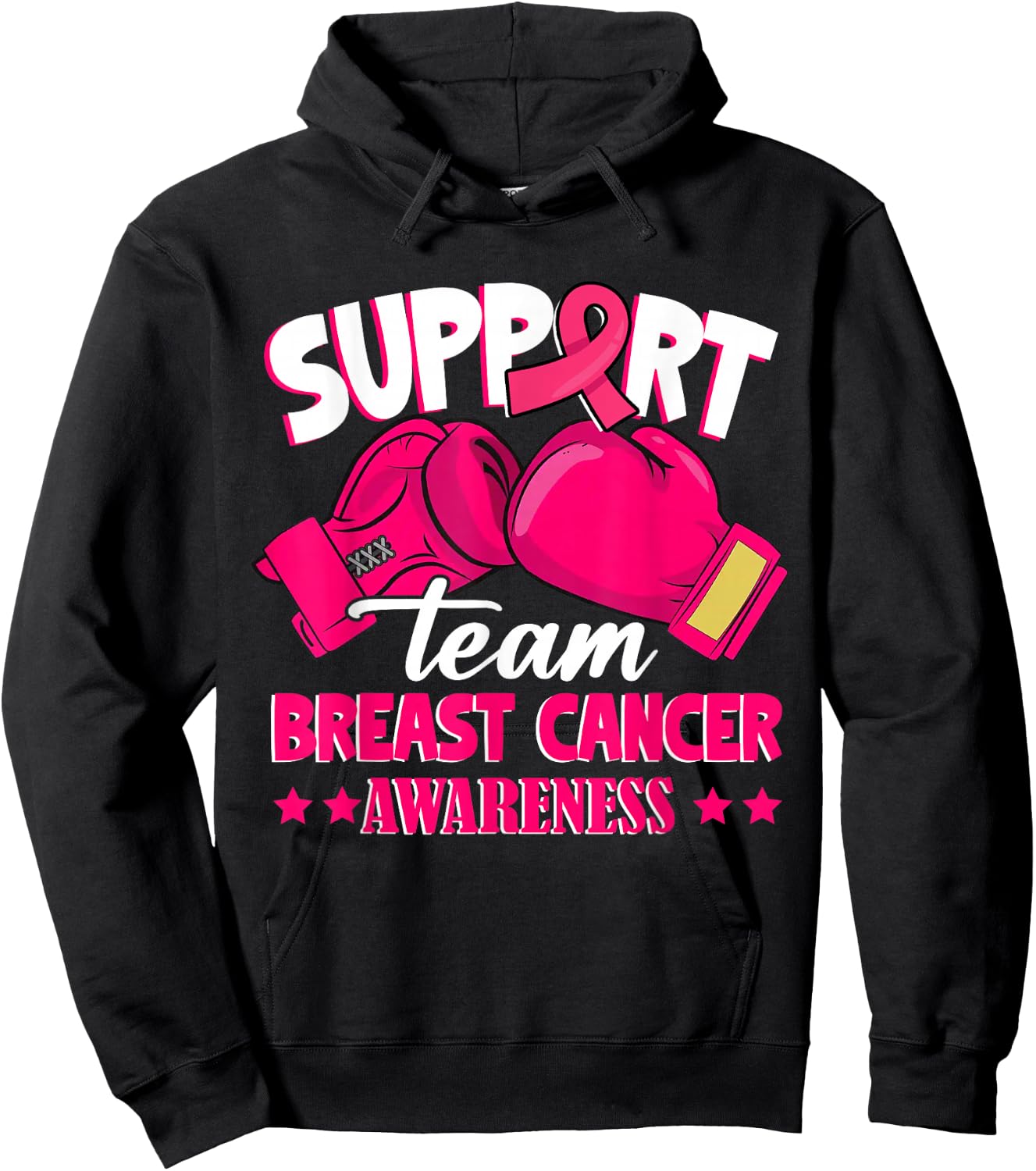 Support Team Boxing Gloves Pink Ribbon Breast Cancer Gifts Hoodie - Hoodie | Black