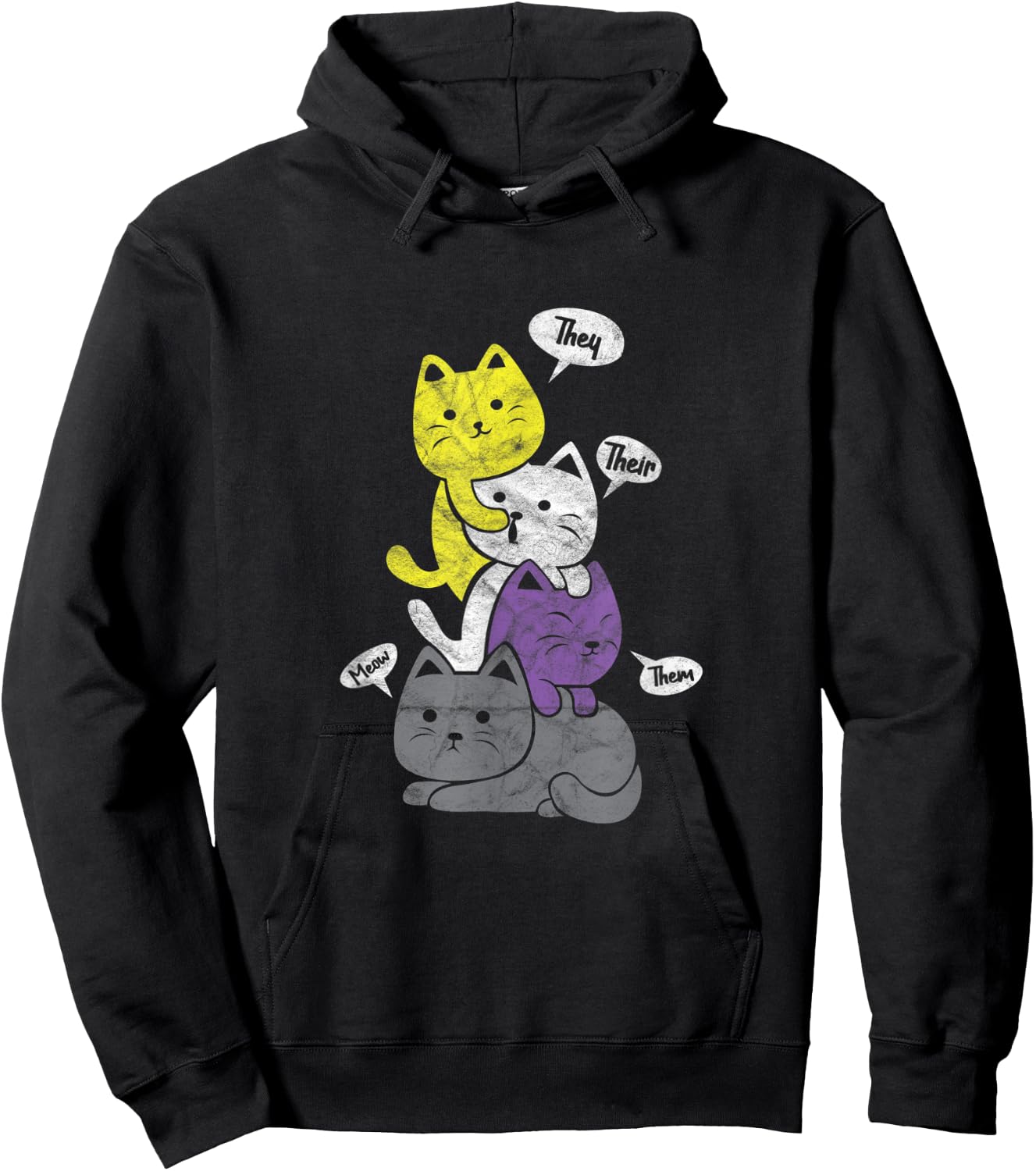 Nonbinary They Their Them Cat Pile Non-Binary Flag Vintage Women Hoodie - Hoodie | Black