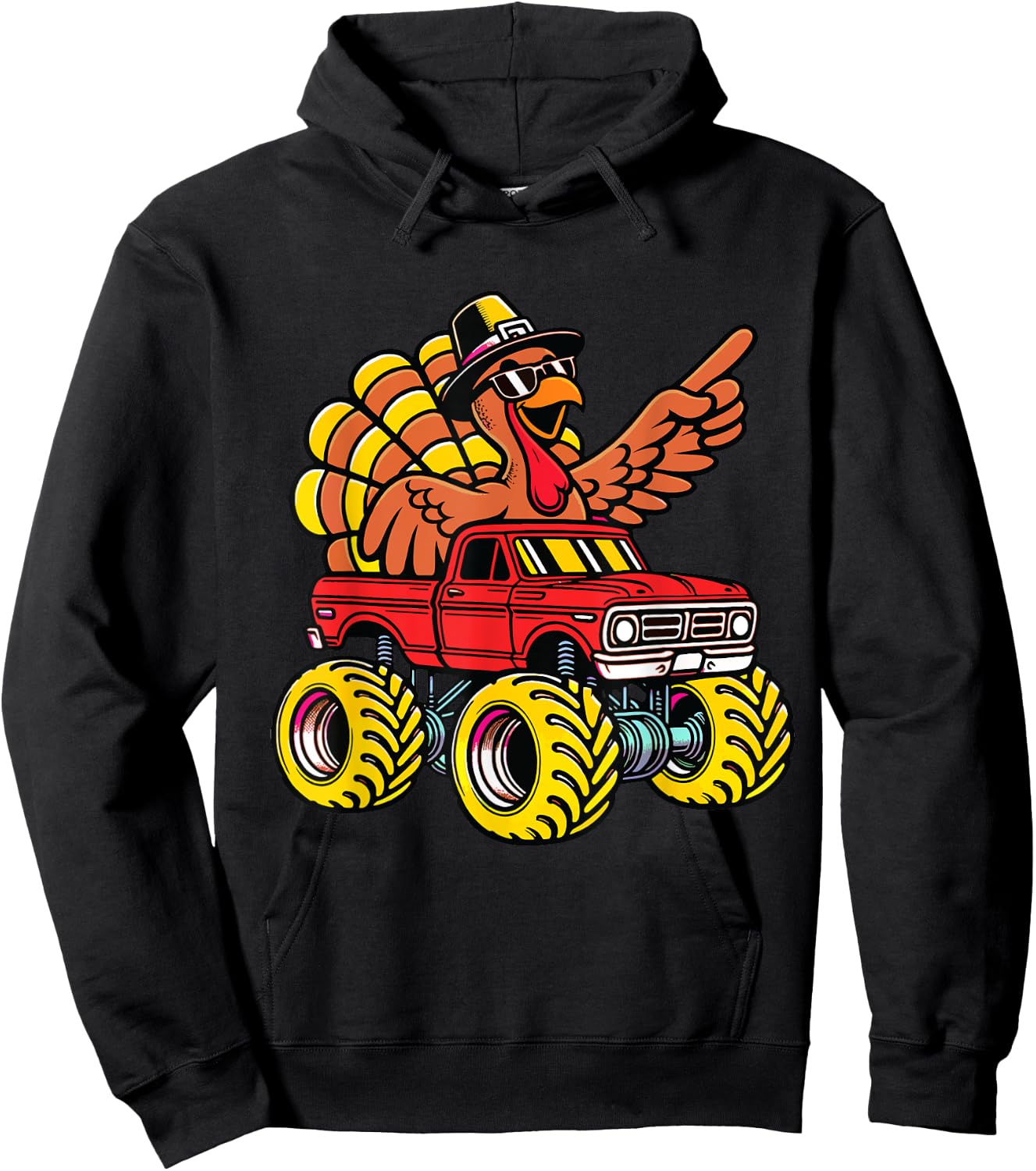 Thanksgiving Turkey Riding Monster Truck Kids Boys Hoodie - Hoodie | Black