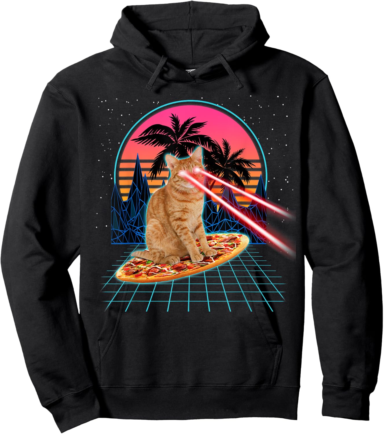 Cat Riding Pizza Laser Eyes 80s Cat In Space Cats Lovers Men Women Kids Hoodie - Hoodie | Black