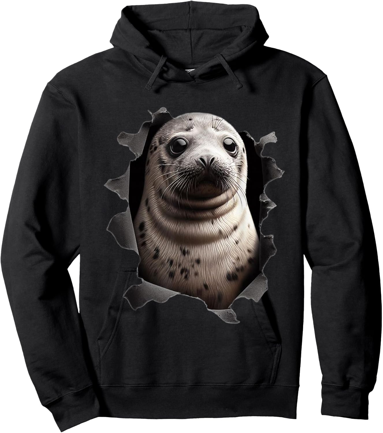 Baby seal looking out of torn cloth Funny Animal Lover Hoodie - Hoodie | Black