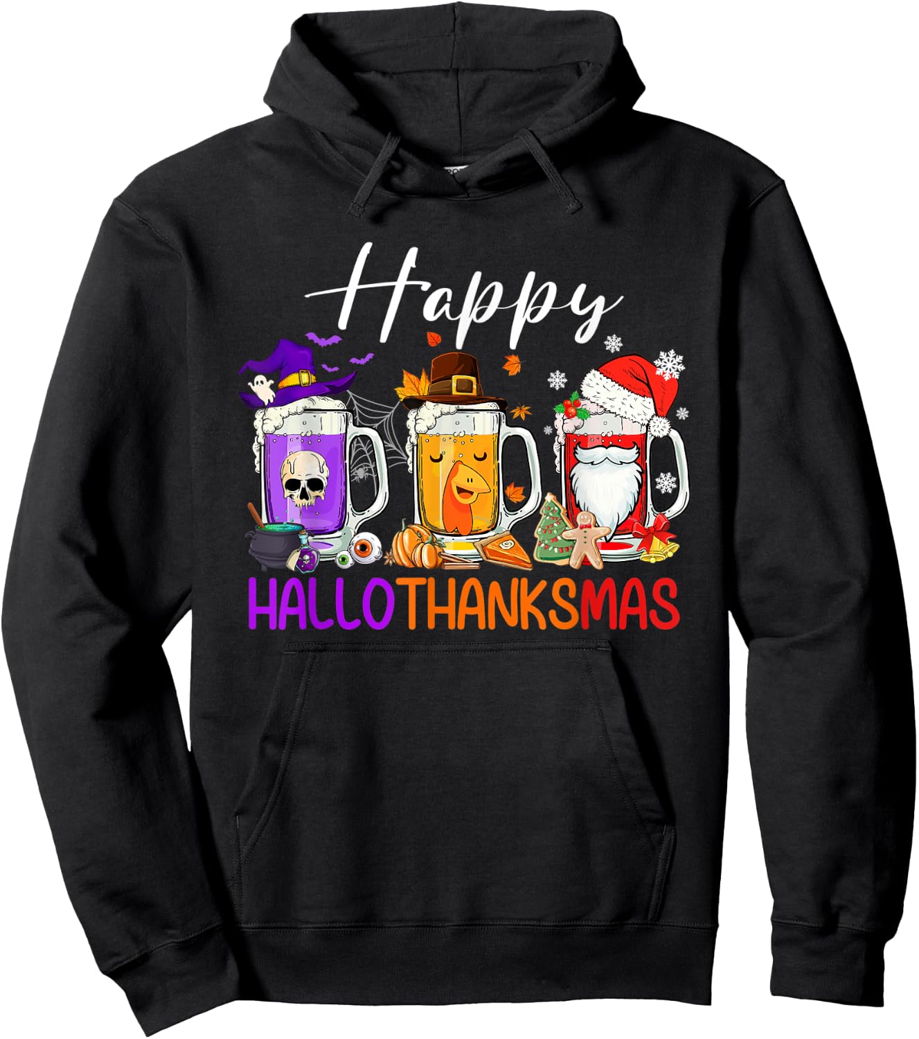 Happy Hallothanksmas Beer Halloween Thanksgiving Christmas Hoodie - Hoodie | Black