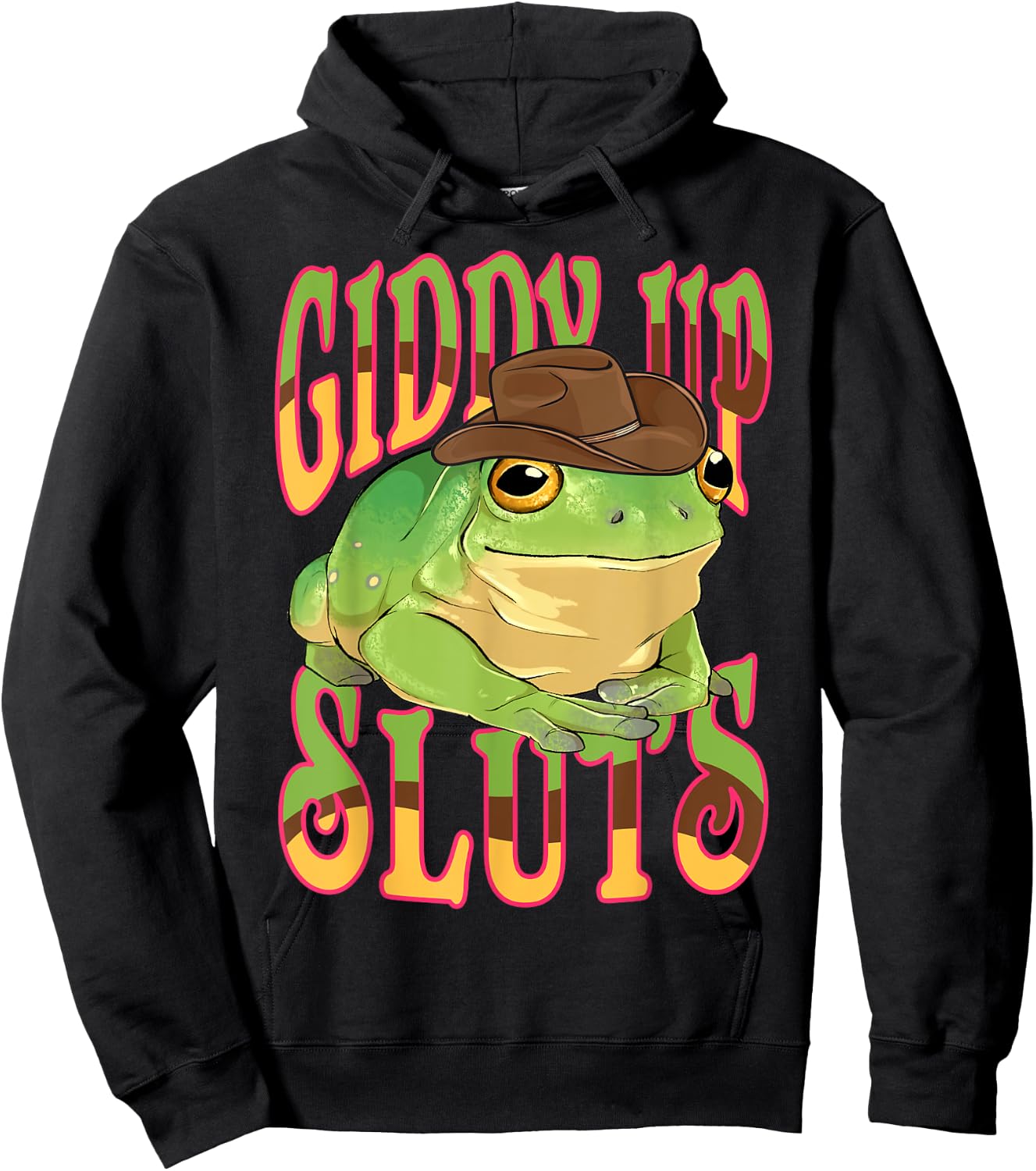 Giddy Up Sluts Funny Western Ranch Cowgirl Rodeo Frog Hoodie - Hoodie | Black