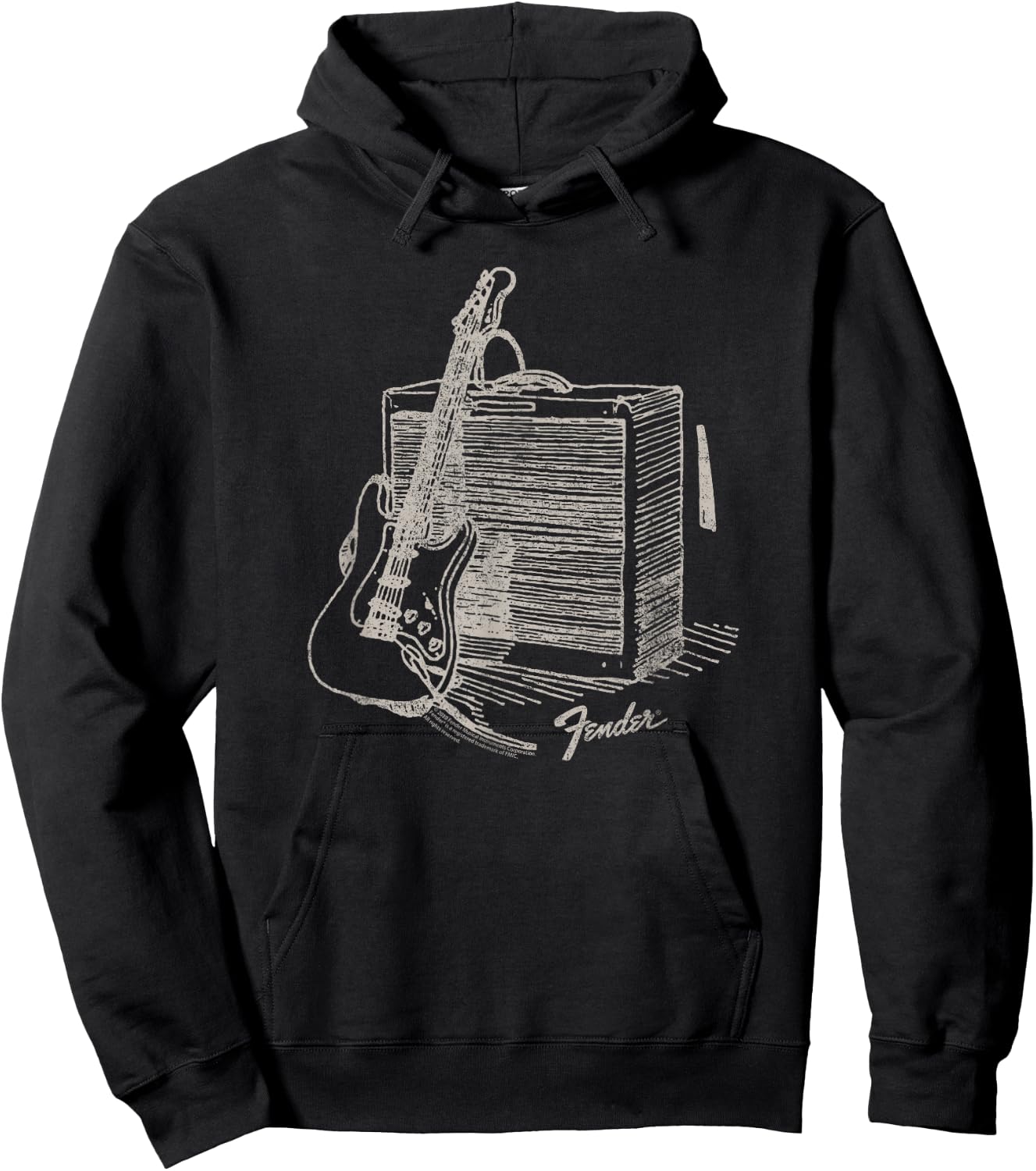 Fender Guitar Resting On Amplifier Retro Outline Image Hoodie - Hoodie | Black
