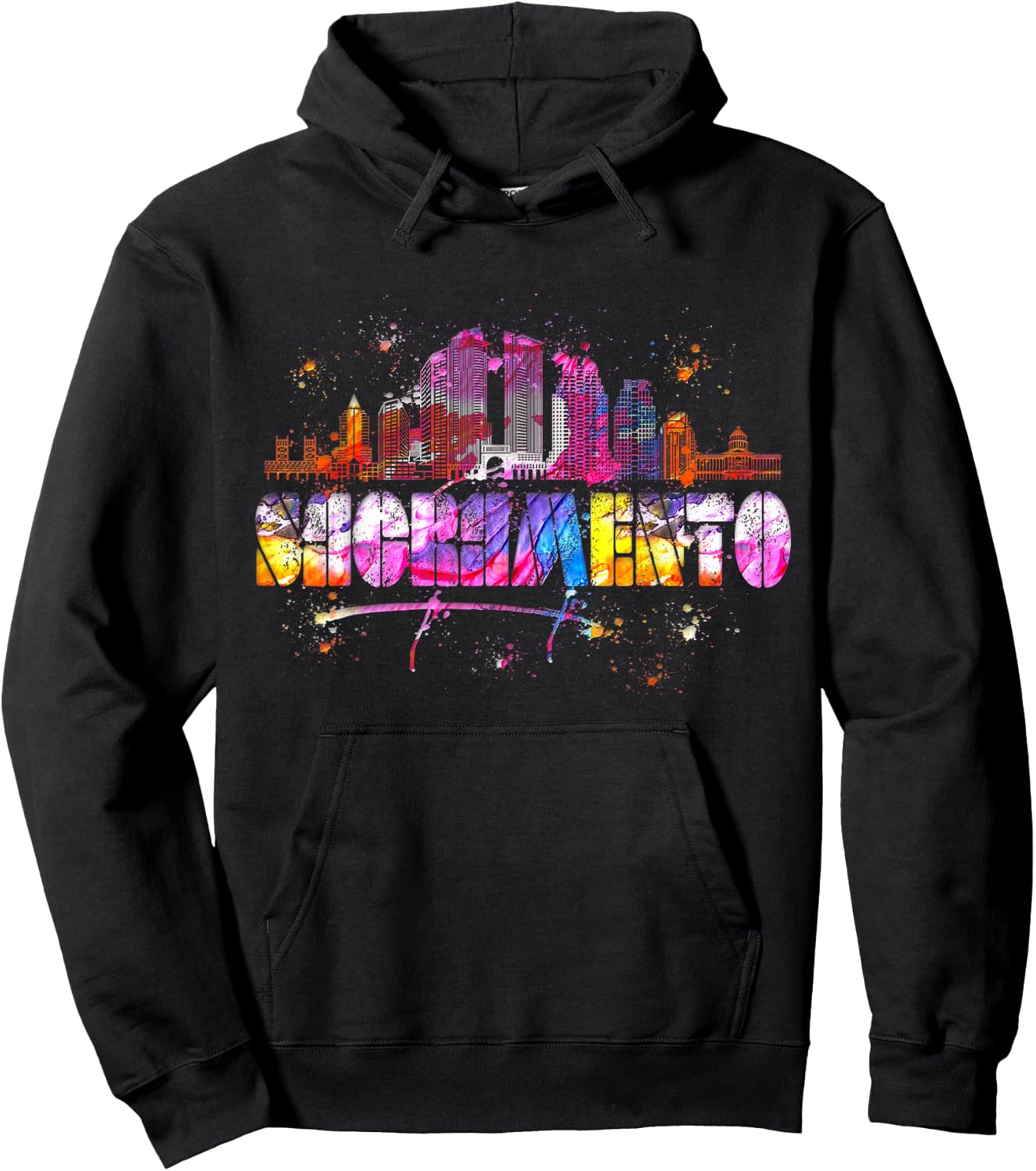Watercolor Sacramento Skyline - Sacramento Lettering Hoodie - Hoodie | Black
