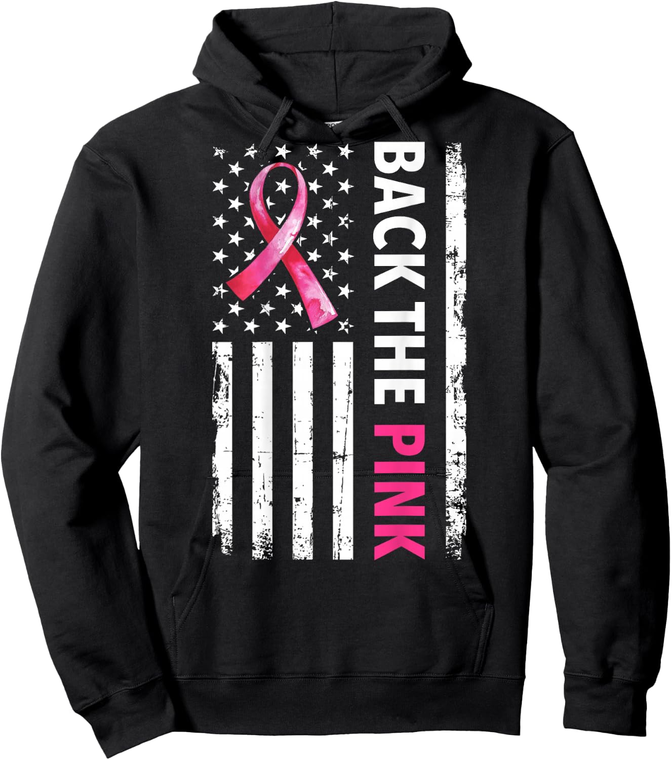 Back The Pink Ribbon USA American Flag Breast Cancer Support Hoodie - Hoodie | Black